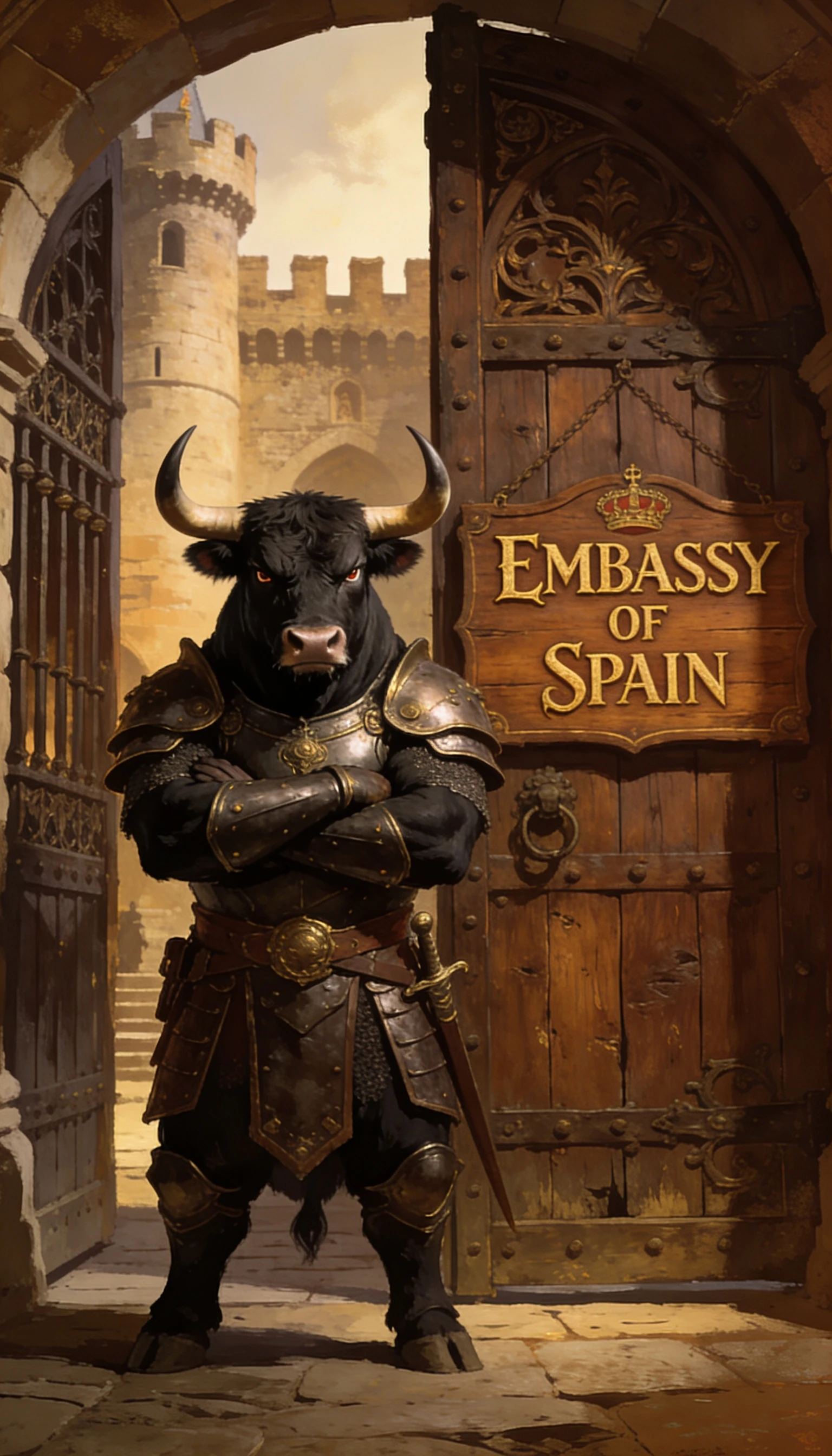Armored black bull guard before a Spanish castle gate