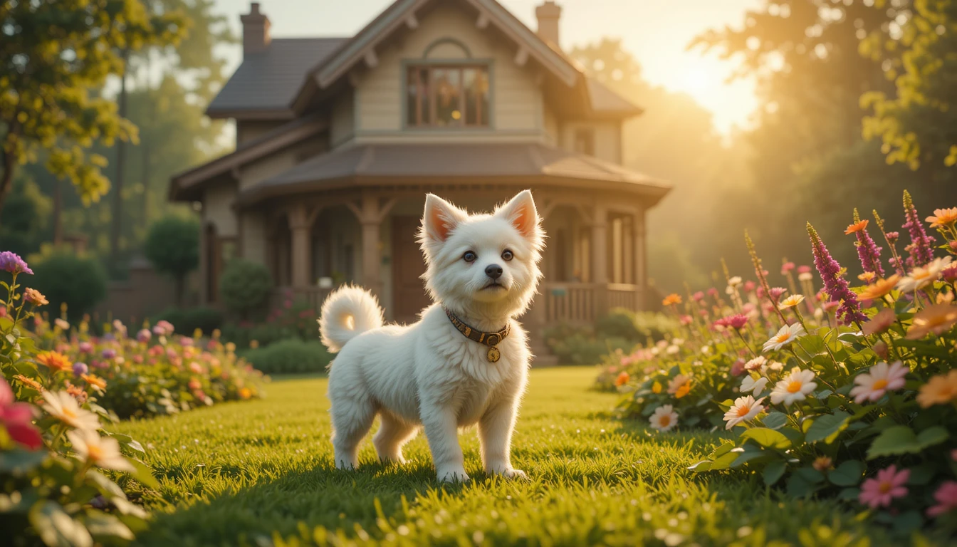 Small white dog in a sunlit garden outside a house