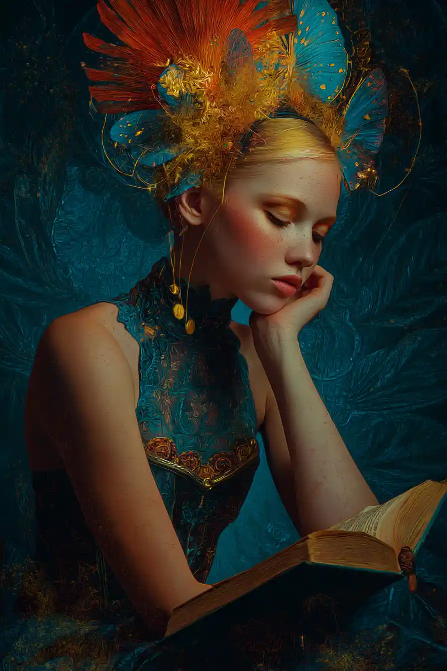 Young woman wandering through a surreal mystical library