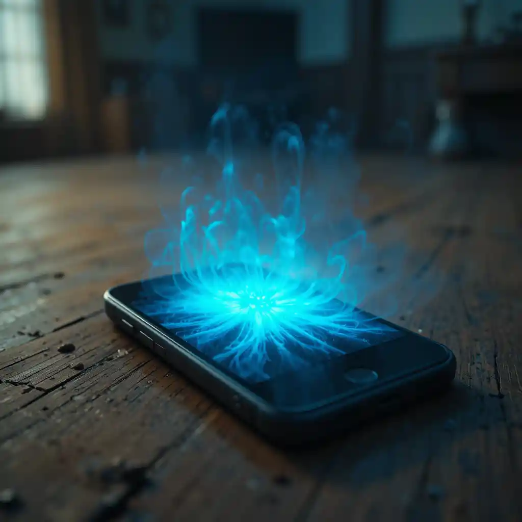 Close up smartphone vibrating on wooden table in dark room