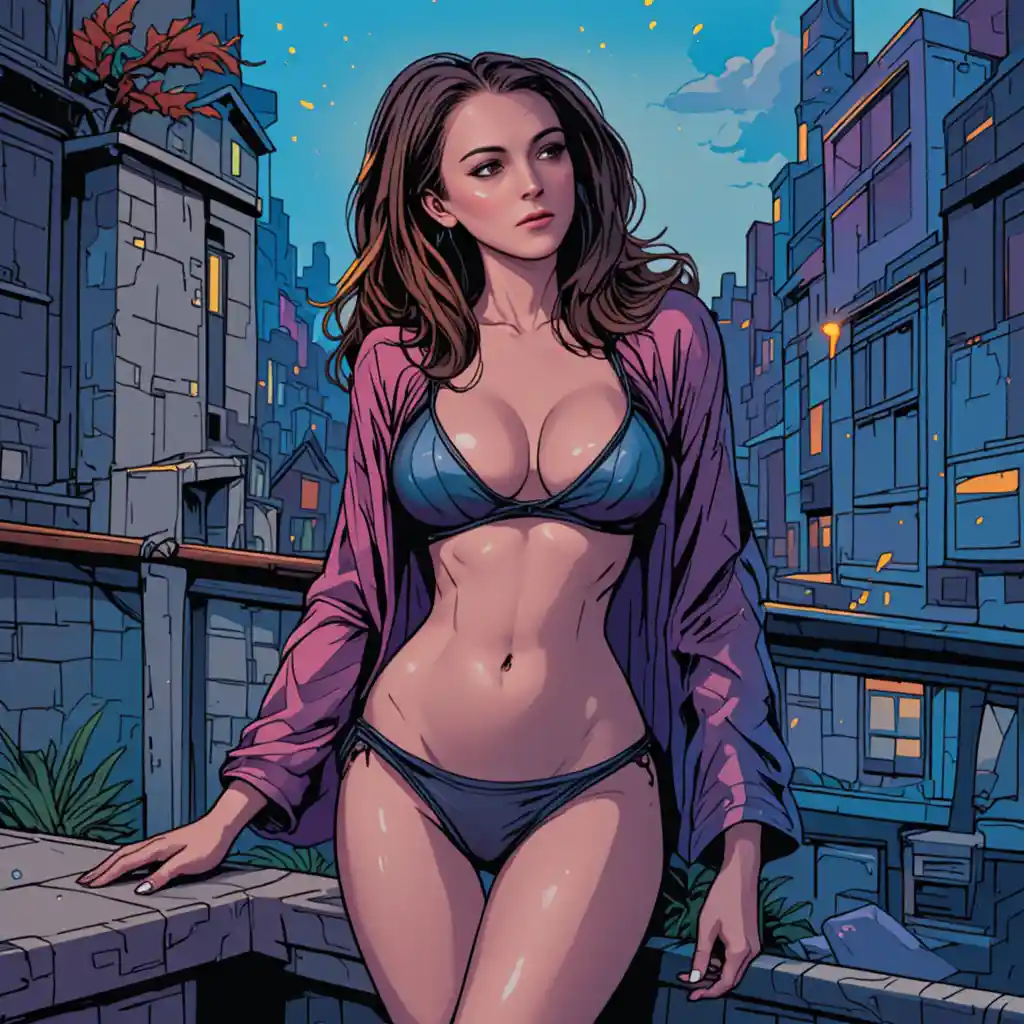 Sultry woman in bikini on city terrace comic scene