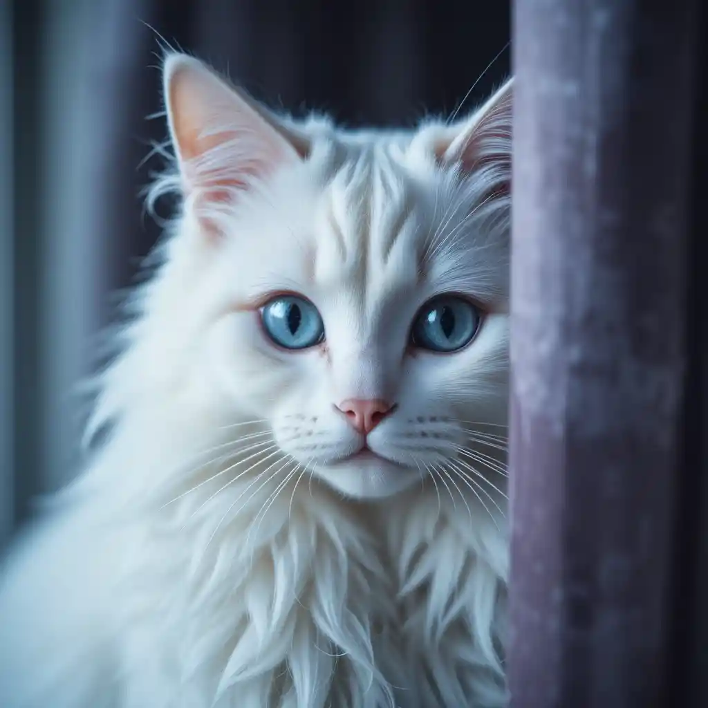 Close up white cat hiding behind soft curtain