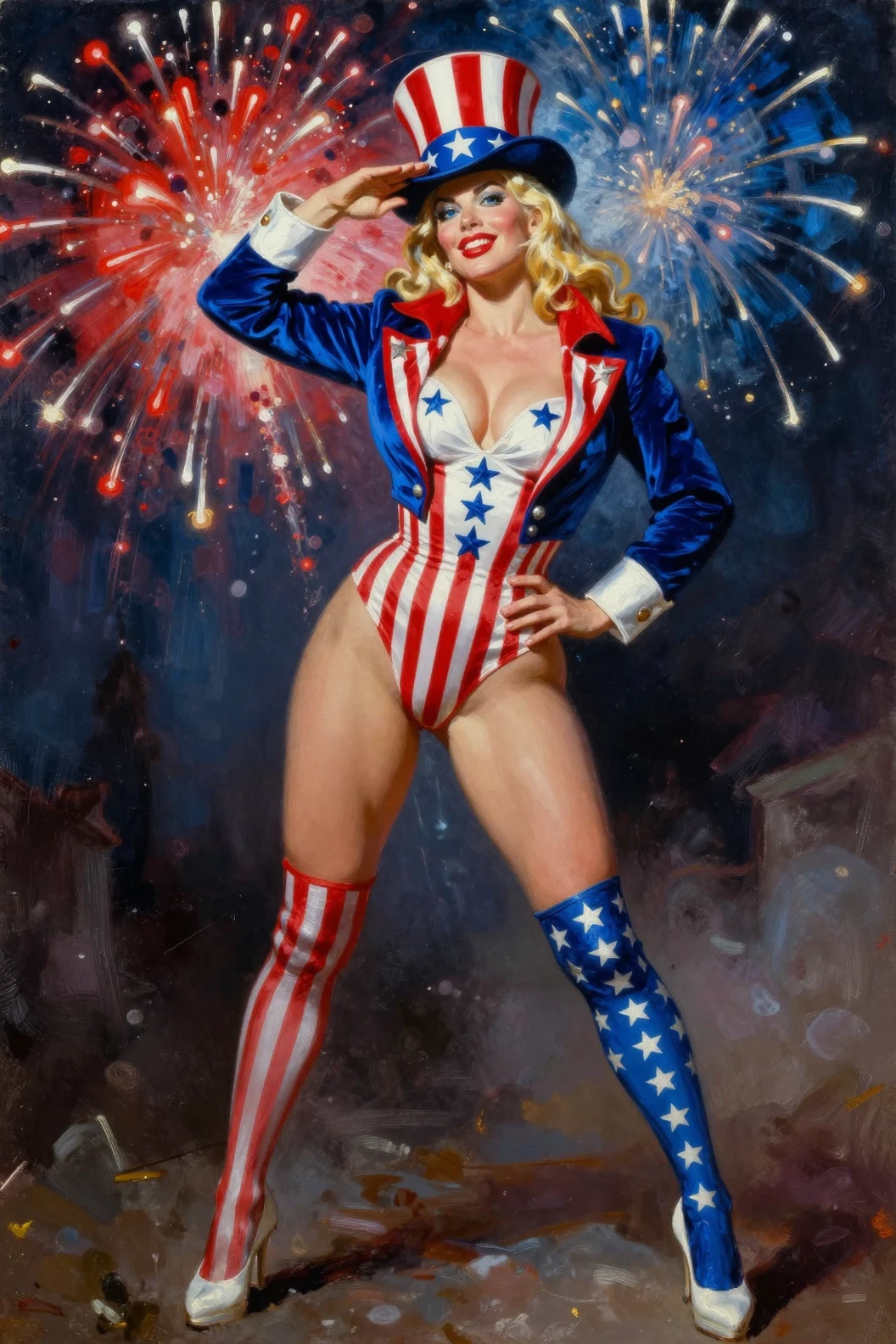 Patriotic blonde woman posing under fireworks at night