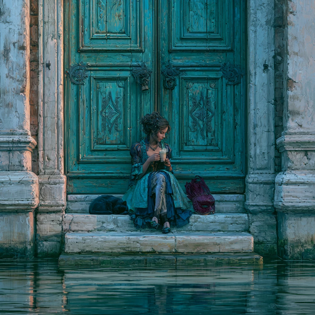 Woman in carnival costume by a turquoise Venetian canal door