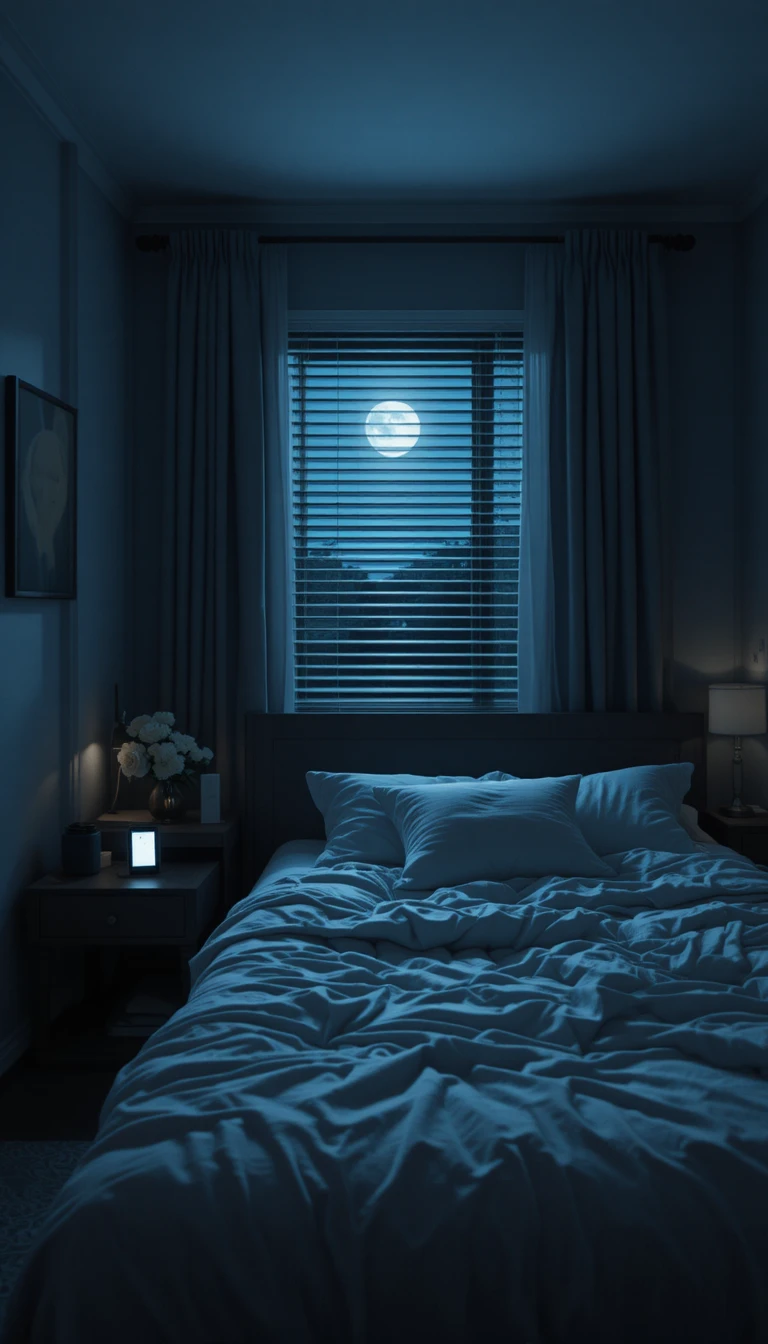 Moonlit bedroom with glowing phone at three in the morning