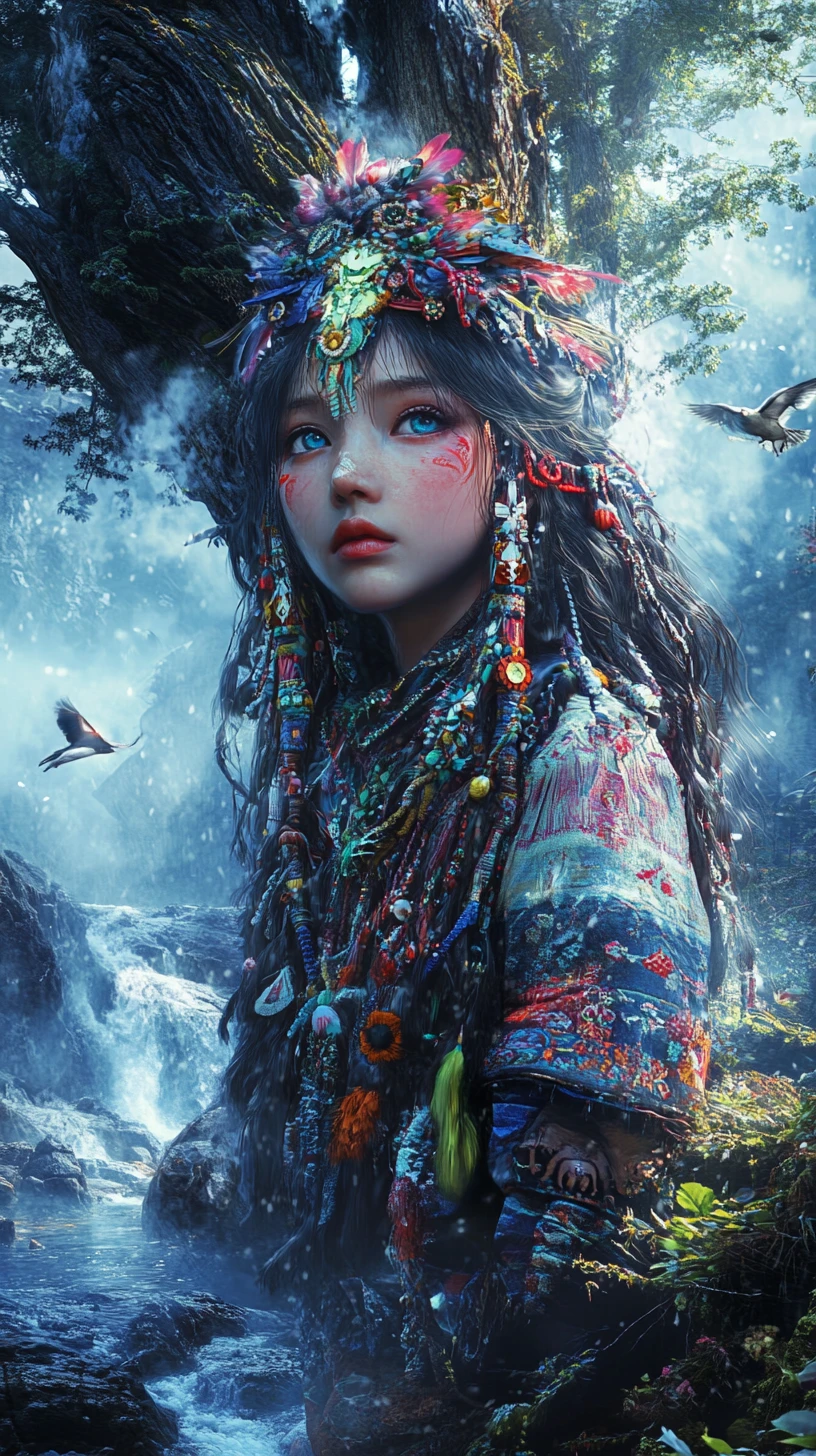 Ainu woman in traditional dress standing in misty forest