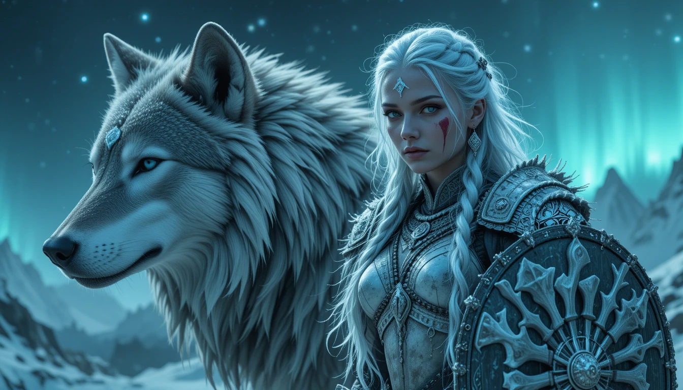 Warrior queen with giant wolf under glowing northern sky