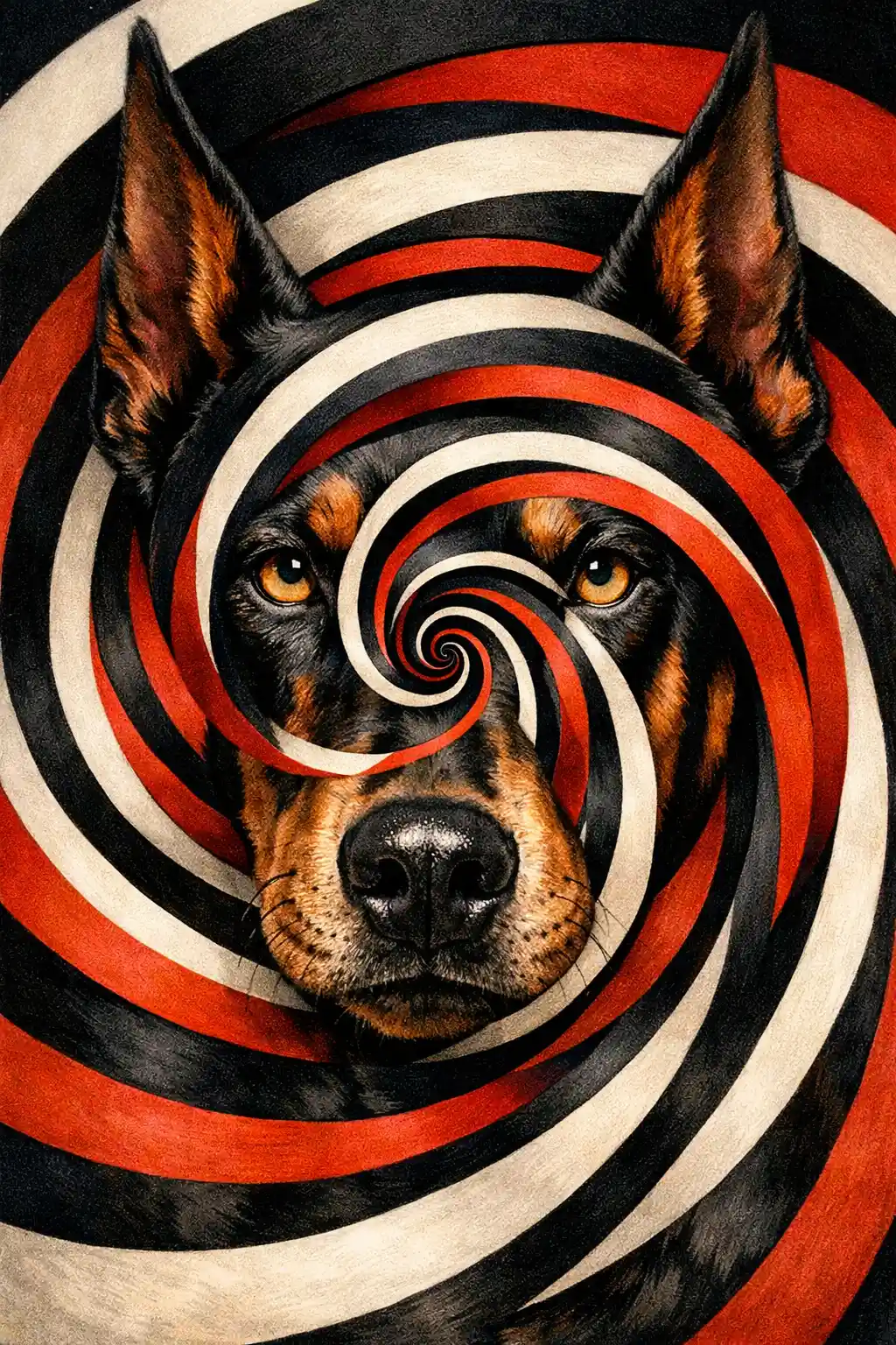 Surreal close up of a Doberman face with spiral pattern