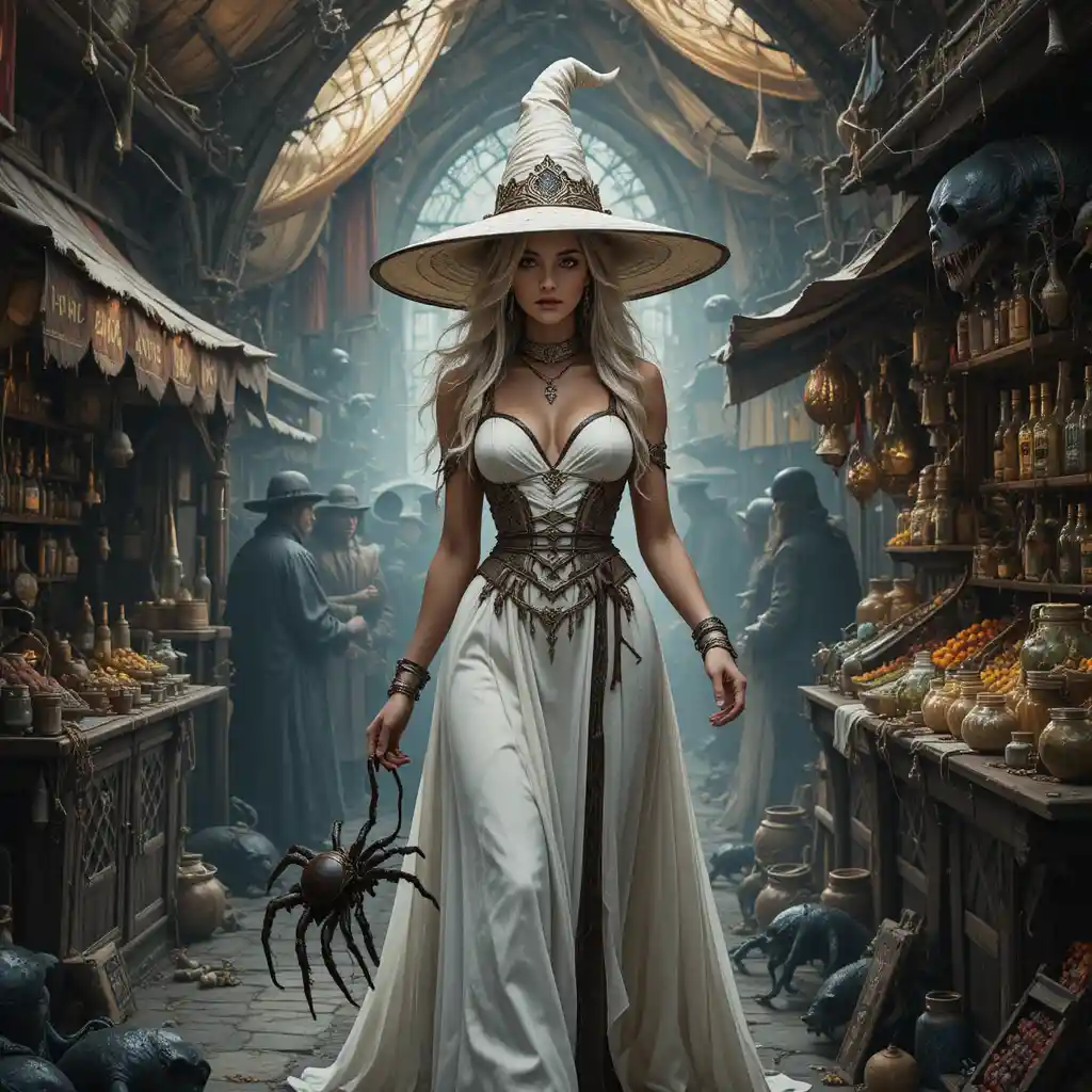 Tall white witch walking through a busy fantasy market