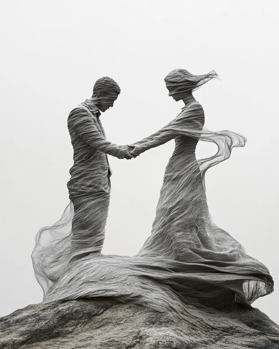 Man and woman holding hands in a tender close embrace