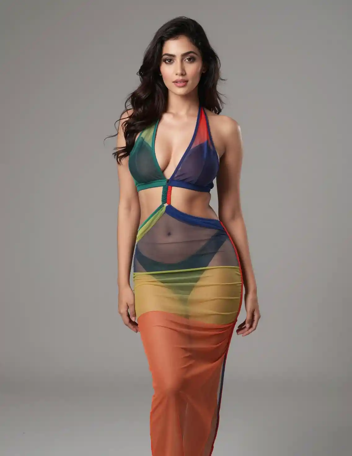Full body Nepali woman posing in sheer party dress