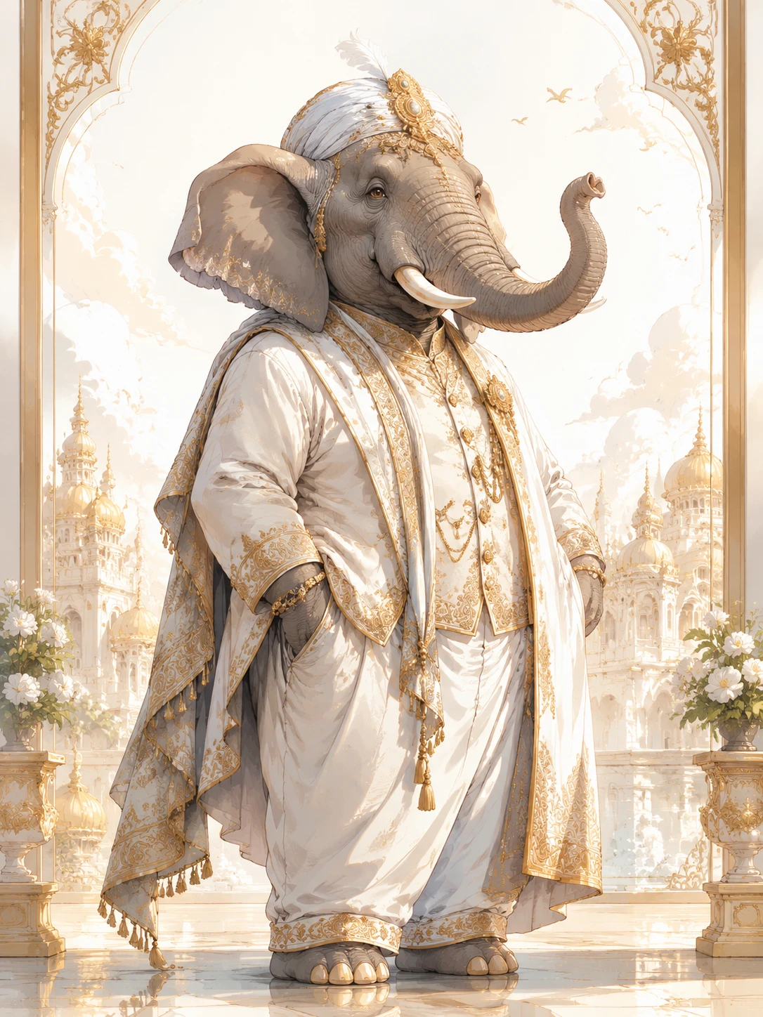 Elegant elephant in flowing white attire line art illustration