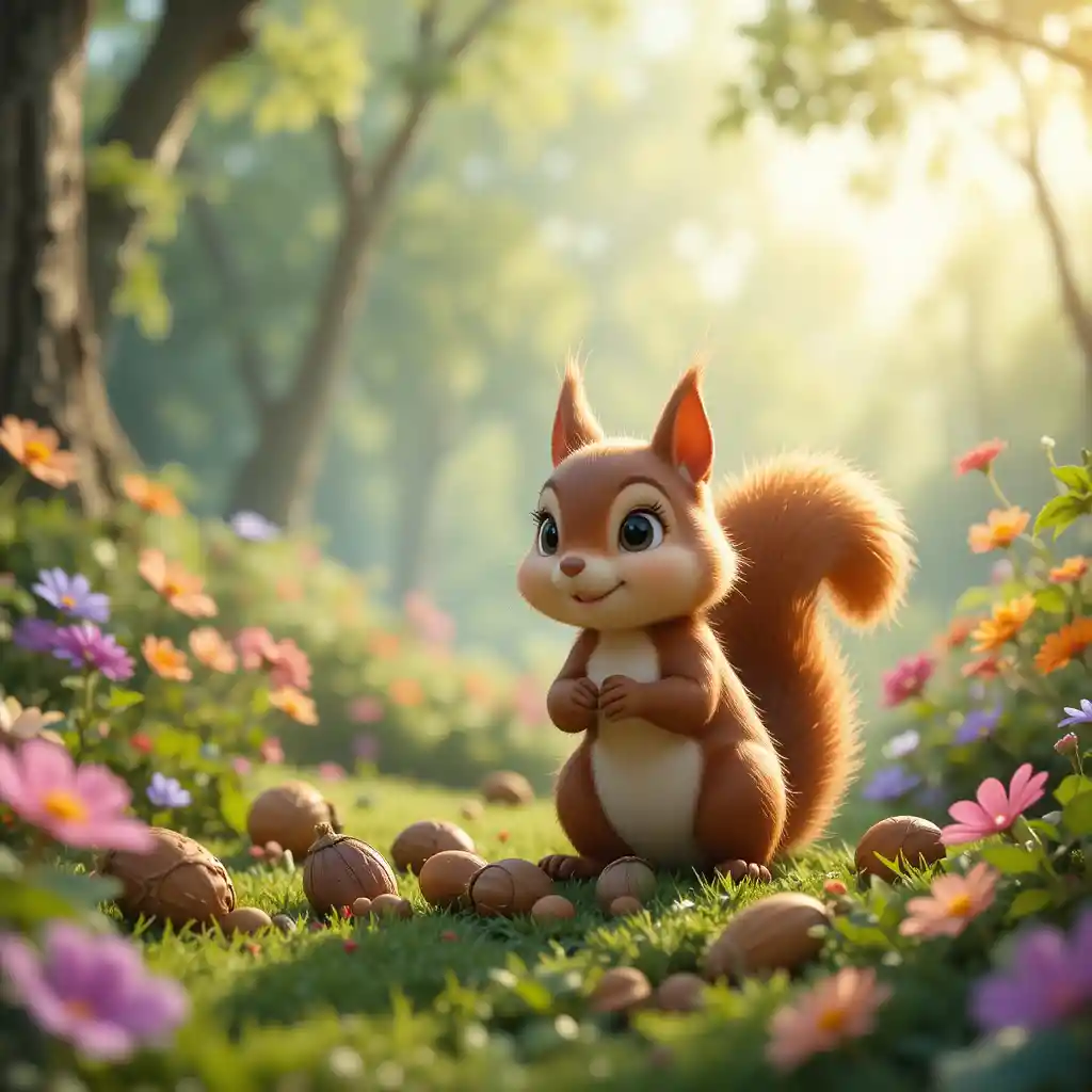 Cute brown squirrel with nuts in a bright green forest