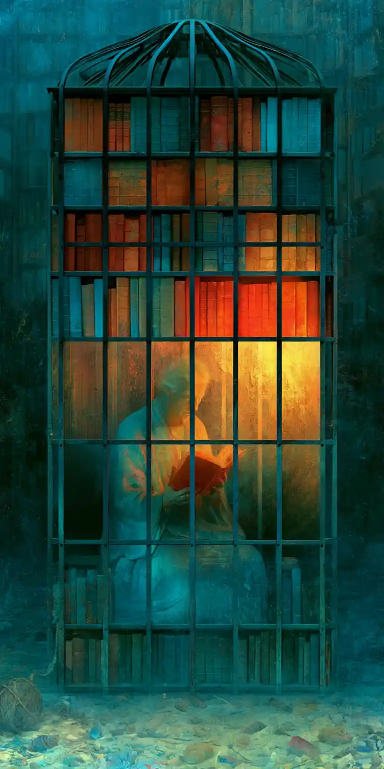 Surreal captive woman in a mysterious drowned library interior