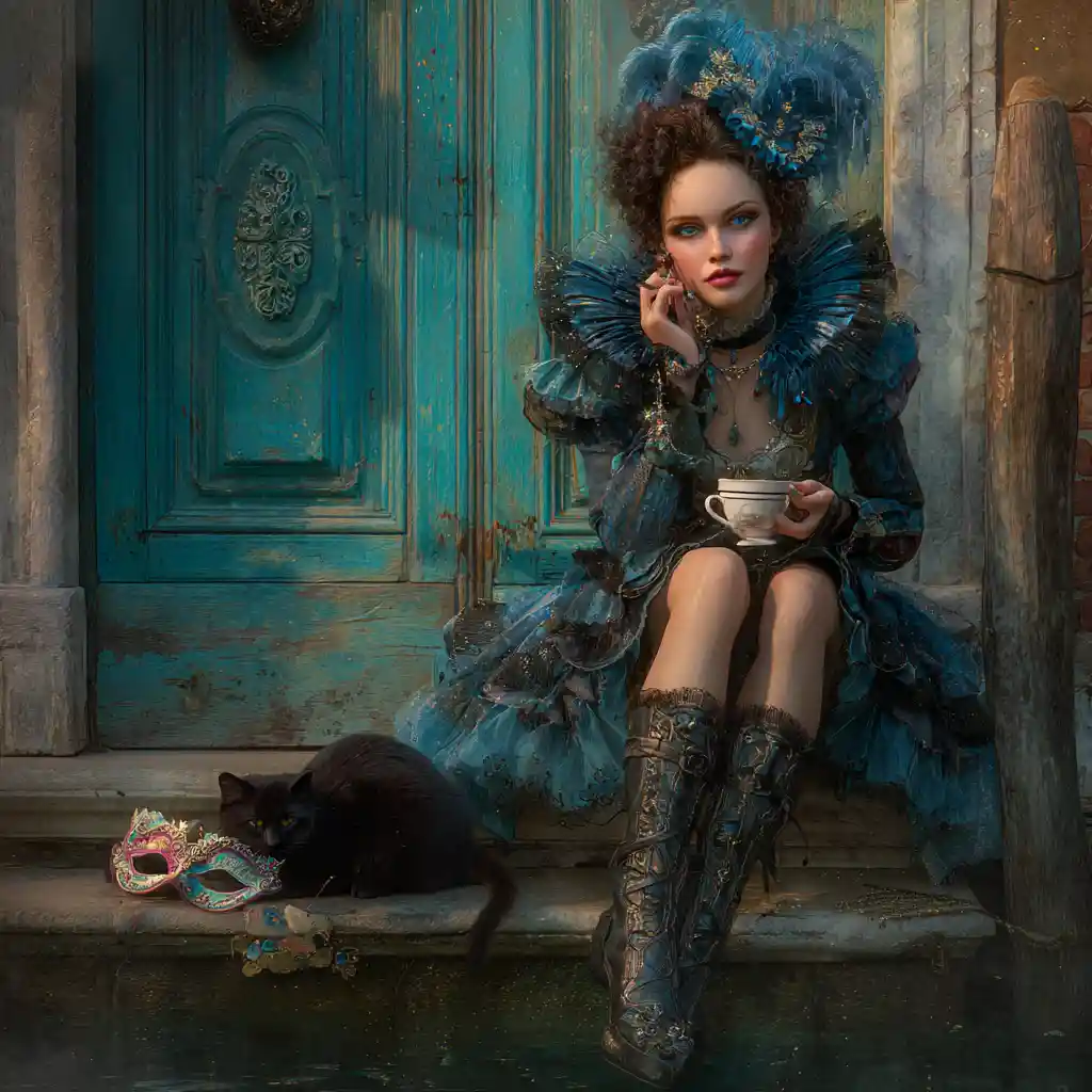 Venetian fantasy woman resting by a turquoise canal doorway