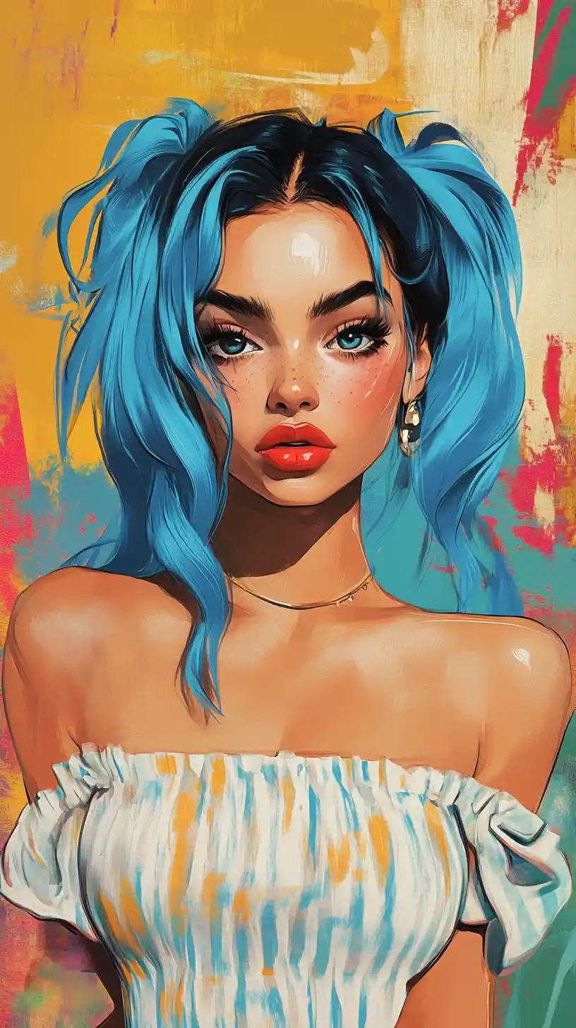 Blue haired anime girl in vintage nightgown portrait