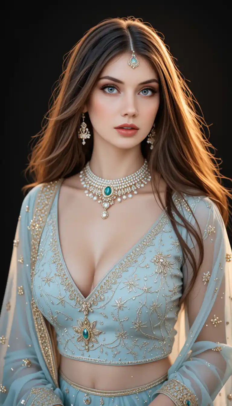 Elegante südasiatische Frau im puderblauen Lehenga-Porträt