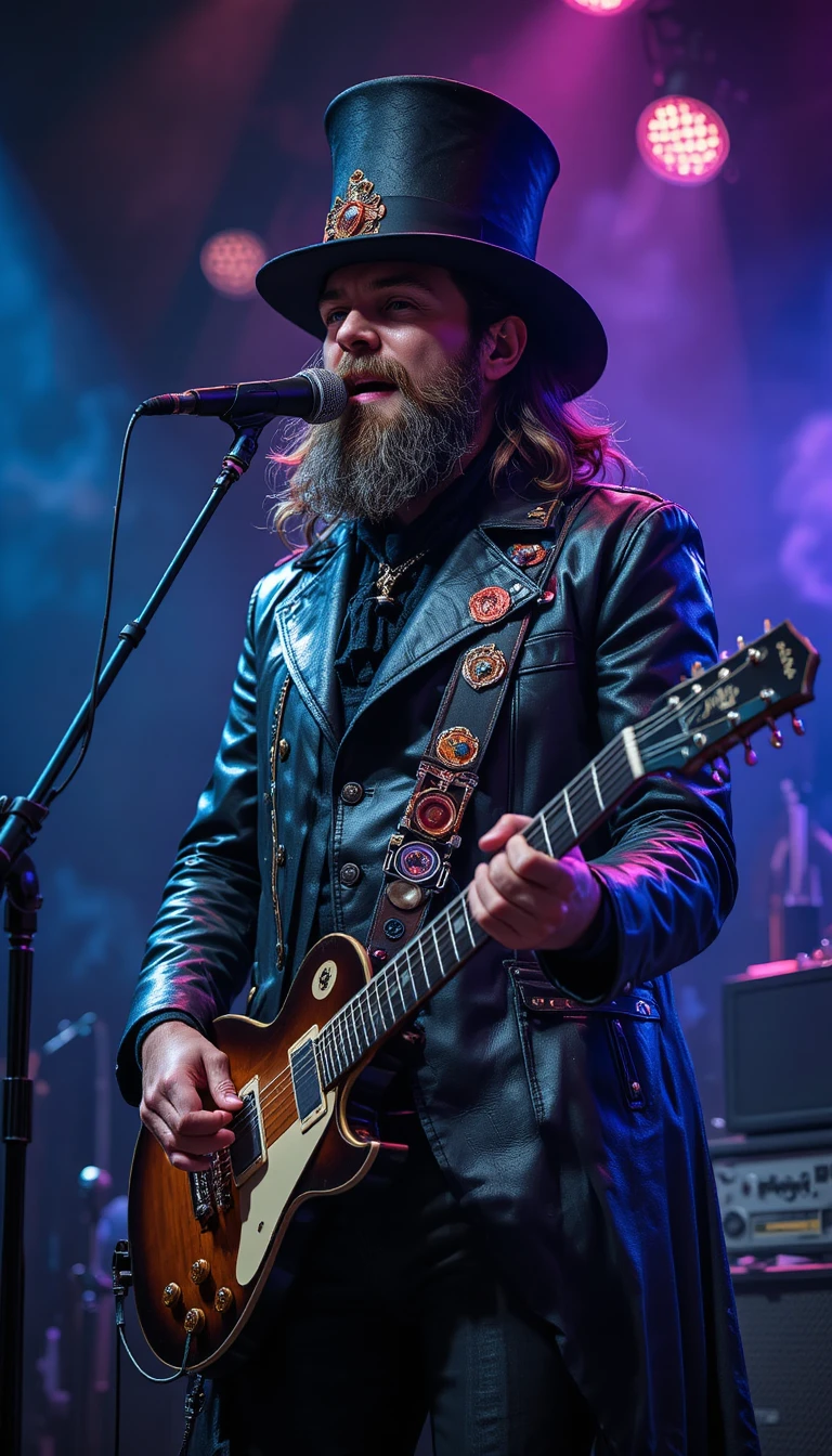 Bearded rocker playing guitar on stage in smoky lounge