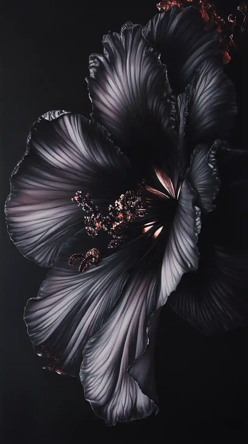 Gigantic black flower blooming beneath a dark solar eclipse