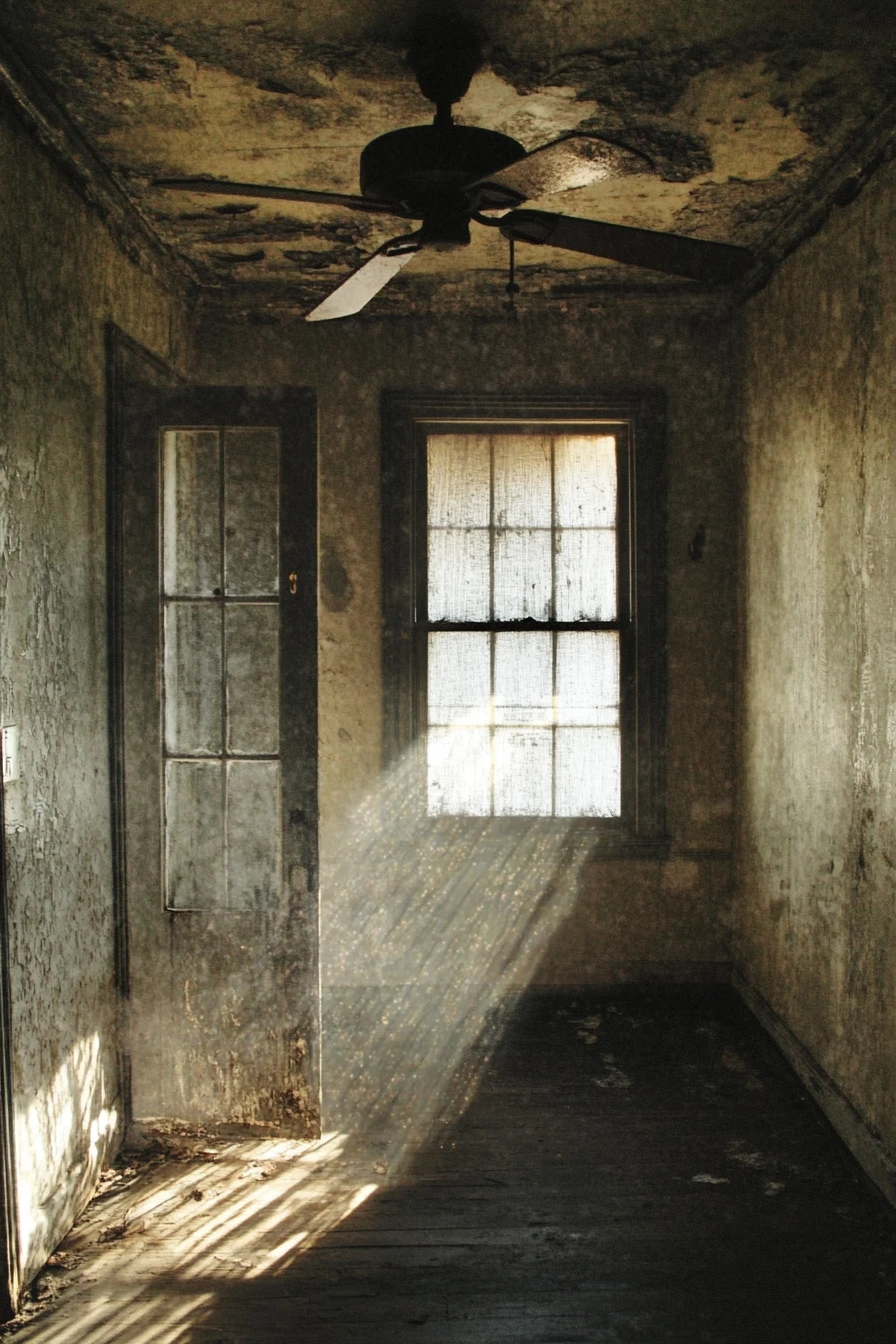 Person lying below a ceiling fan in a quiet bedroom