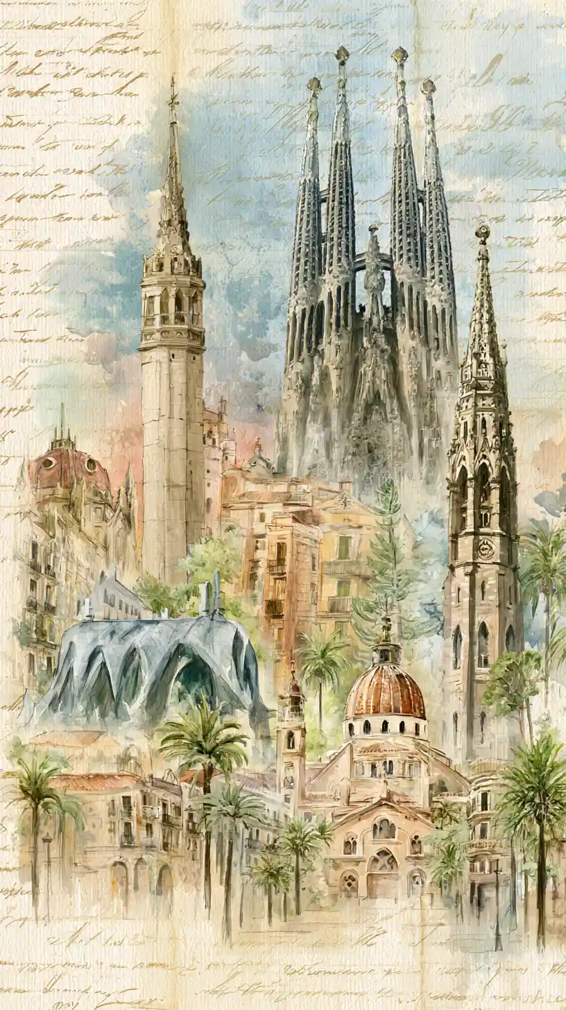 Whimsical Watercolor Landmarks Of Barcelona On Aged Paper