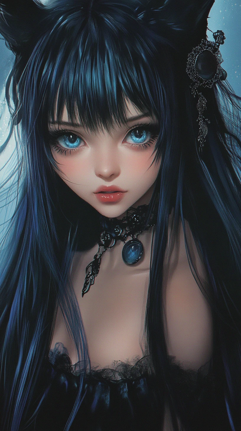 Playful anime woman in vintage blue nightgown close up