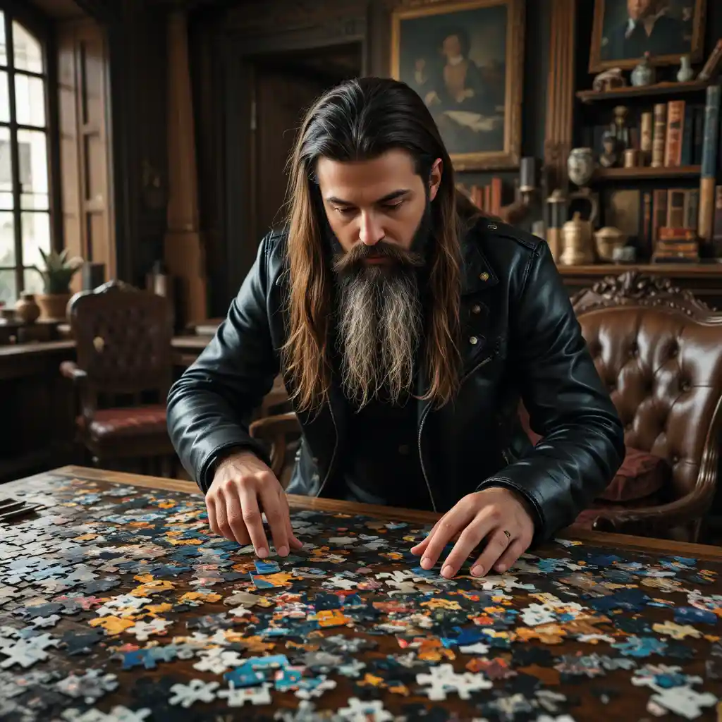 Bearded man solving a large jigsaw puzzle in a study