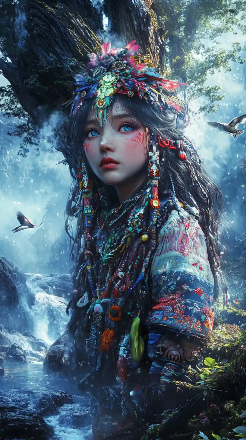 Ainu woman in traditional dress standing in misty forest