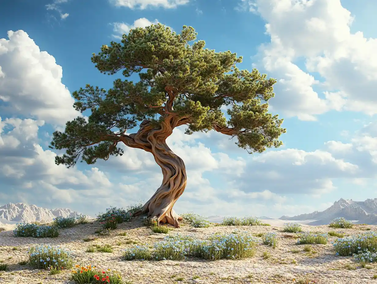 Lone pine tree rising from barren desert landscape