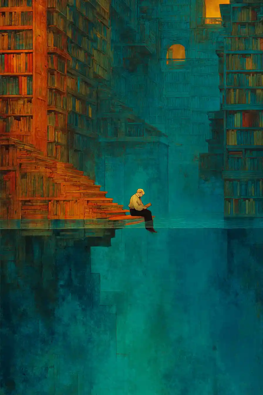 Surreal prisoner in a mysterious drowned fantasy library