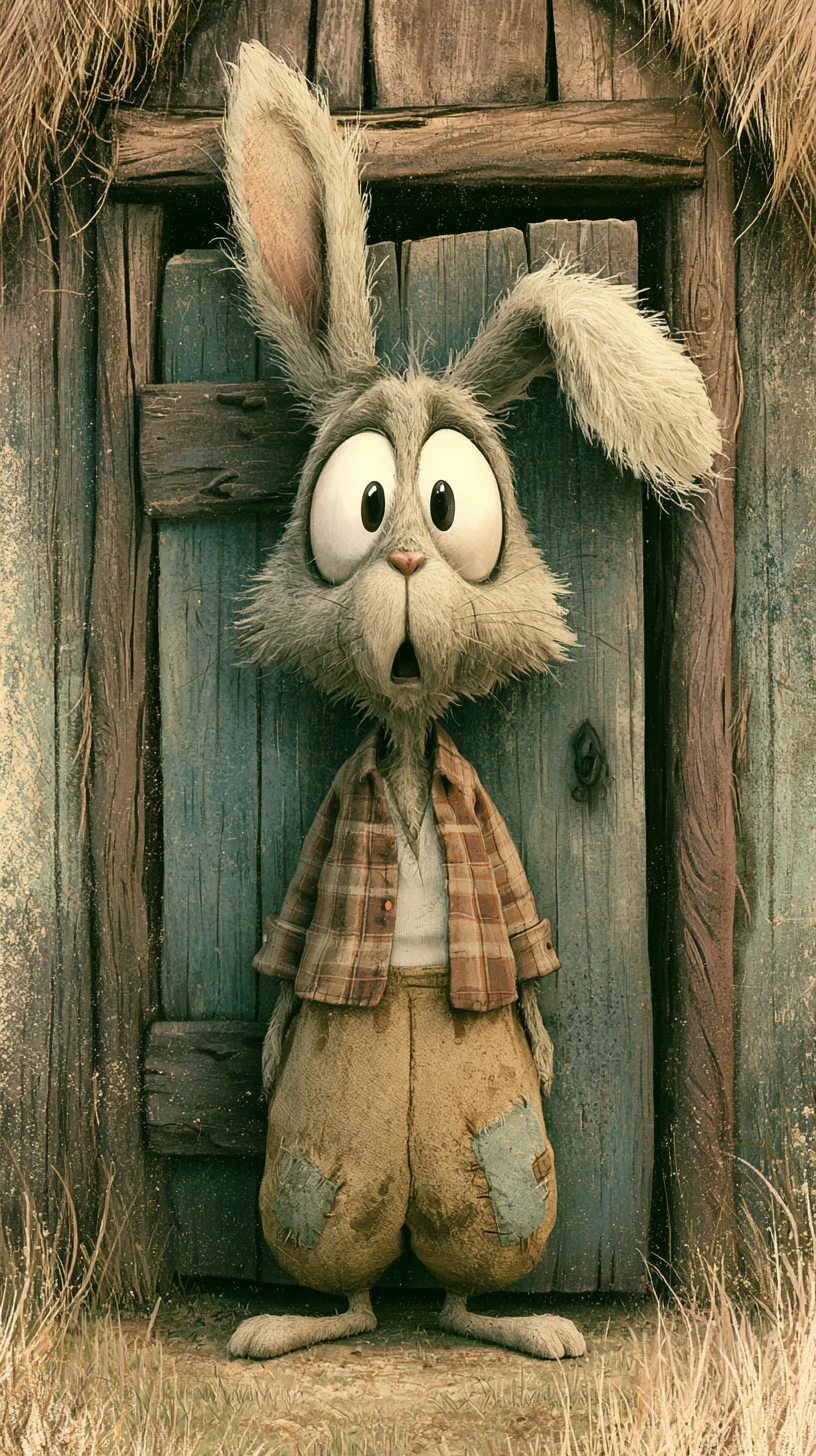 Ilustración de conejo sorprendido en la puerta de una cabaña del bosque
