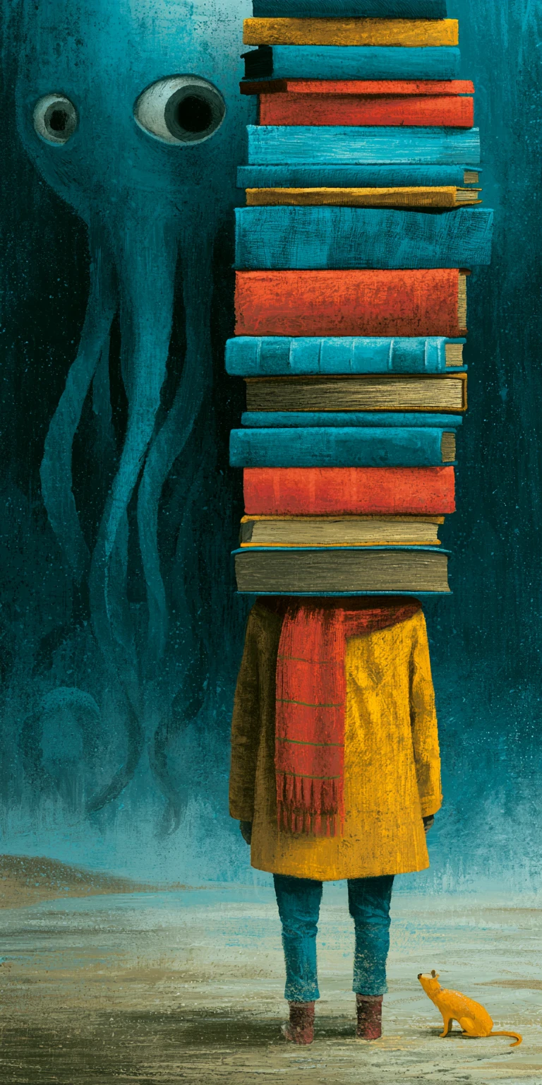 Surreal prisoner woman in a mysterious drowned library interior