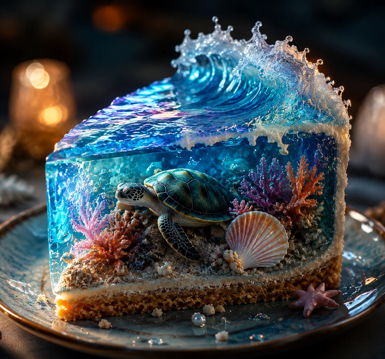 Rebanada de pastel oceánico con ola rompiendo y pequeña tortuga