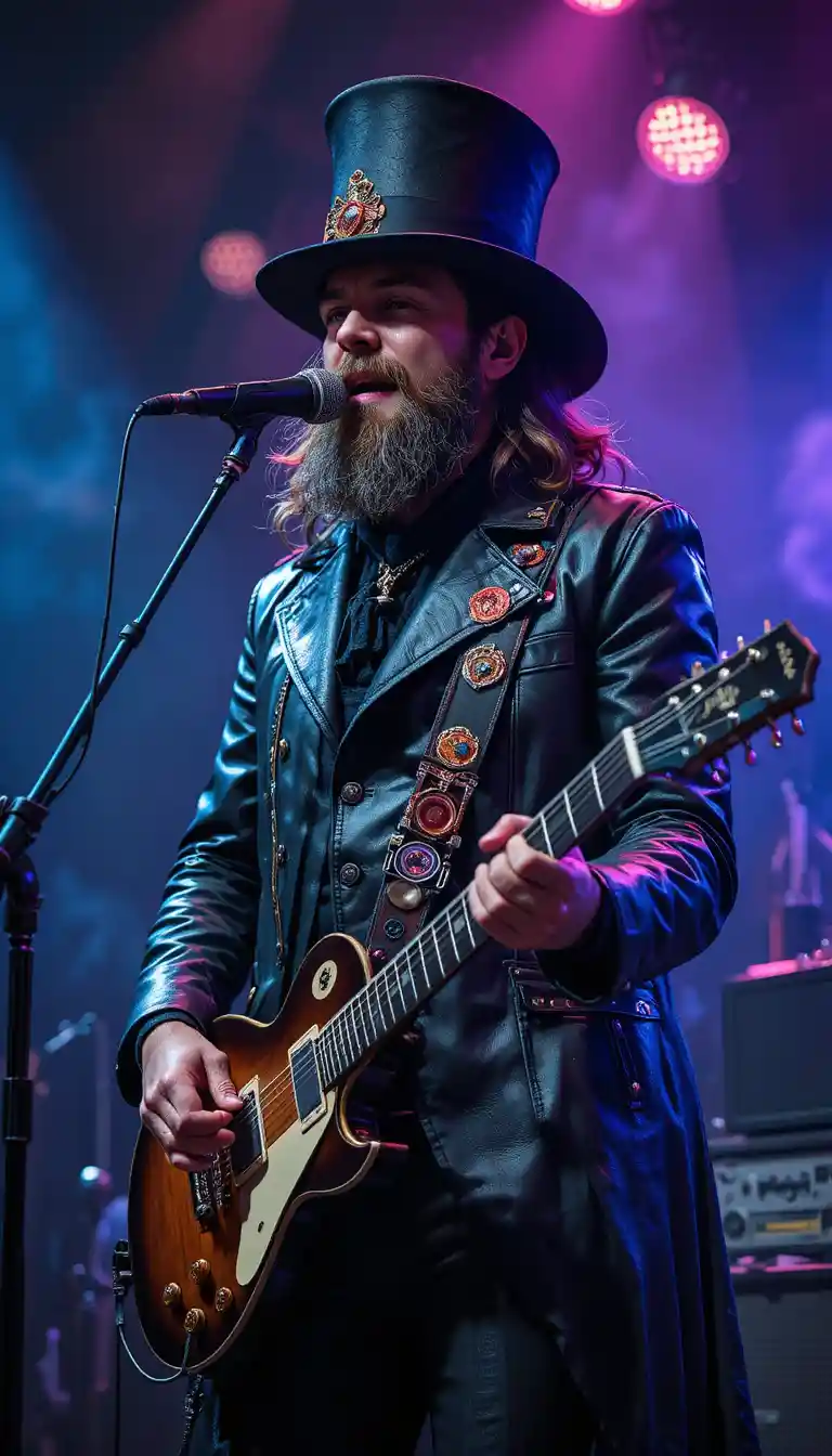 Bearded rocker playing guitar on stage in smoky lounge