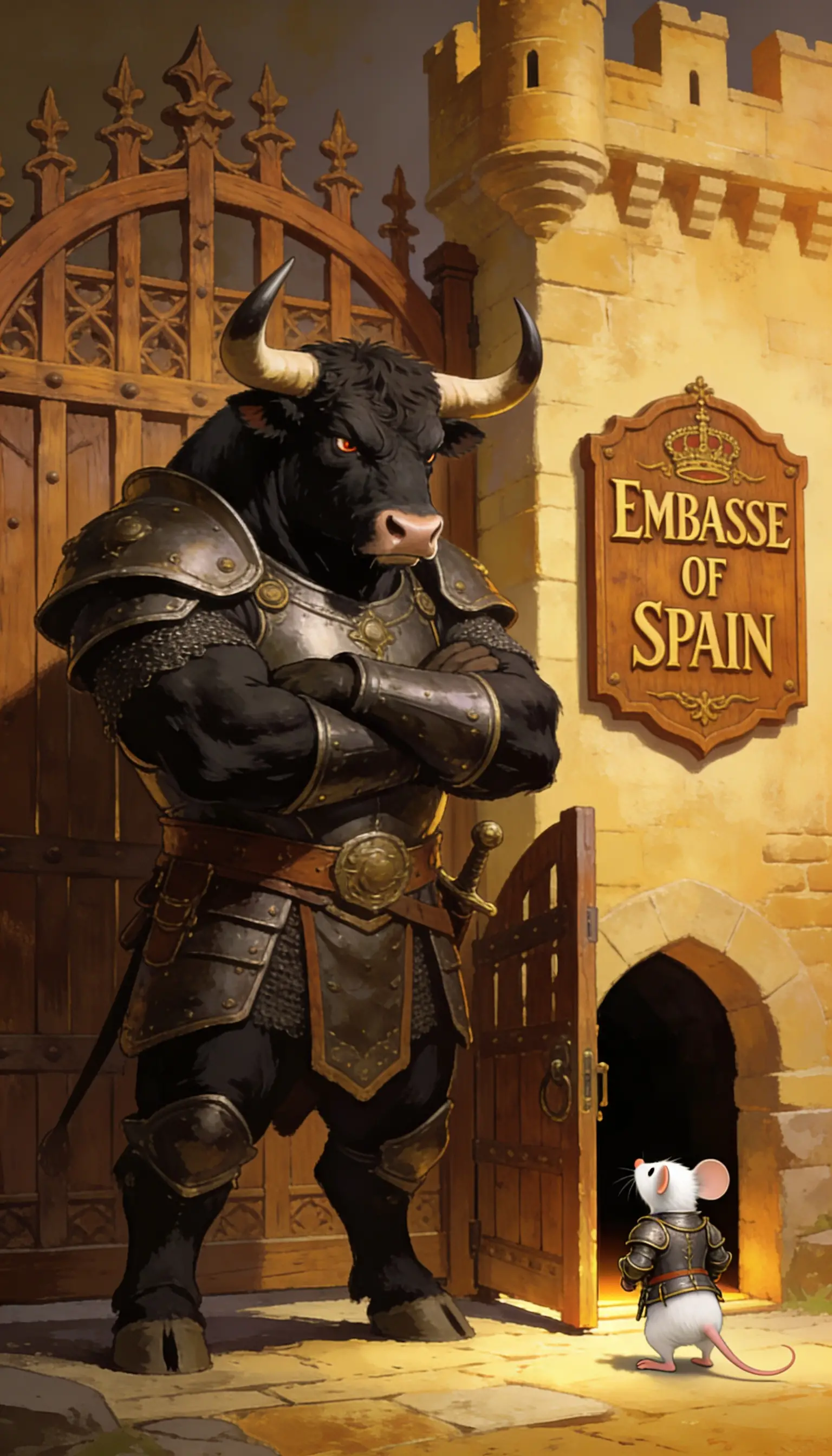 Gepanzerter spanischer Stier bewacht ein mittelalterliches Burgtor