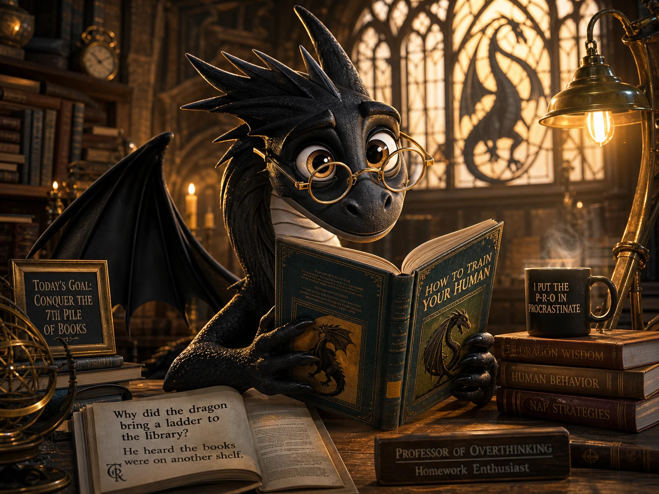 Cheerful 3D bookish cat smiling over tiny reading glasses