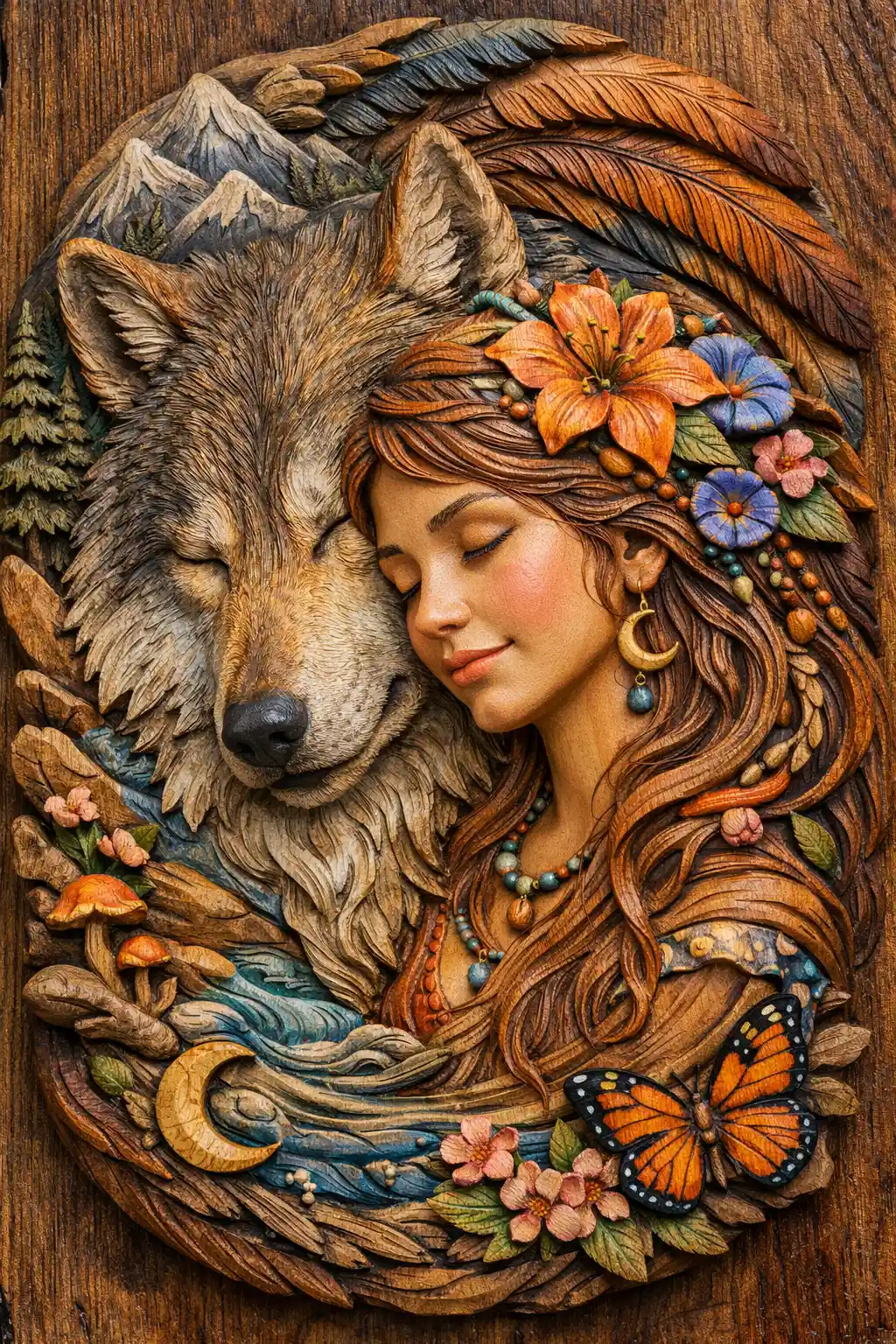 Woman Resting Her Head Against A Calm Wolf In 3D Relief