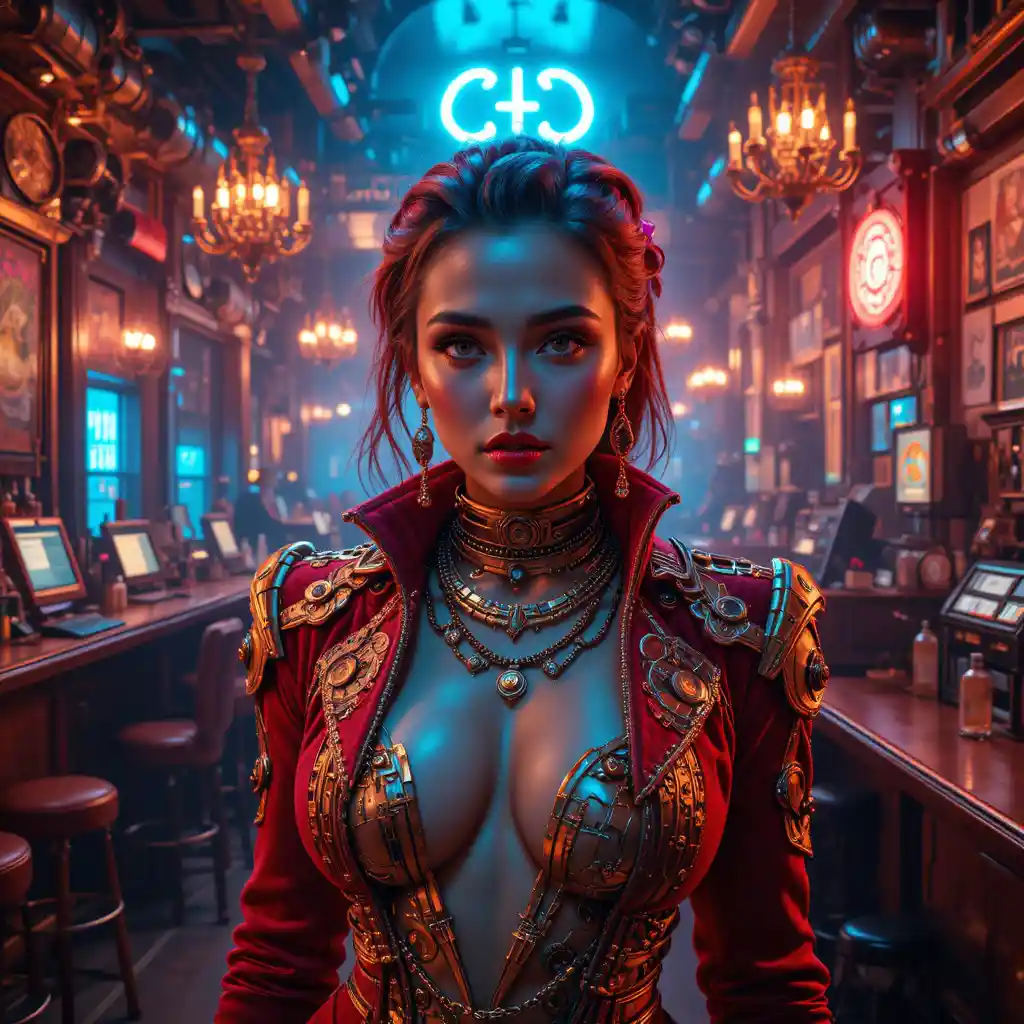 Cinematic cyberpunk femme fatale in a neon jazz bar