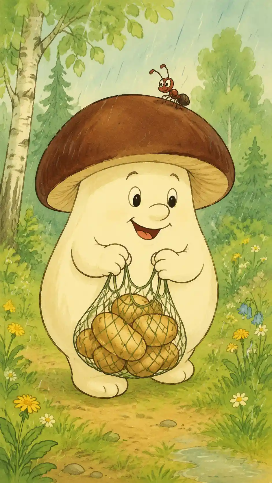 Cheerful Cartoon Mushroom With Ant In Rainy Forest Clearing