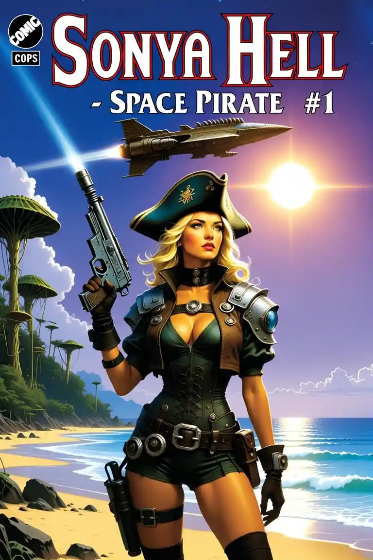 Female space pirate on alien shore under flying spaceship