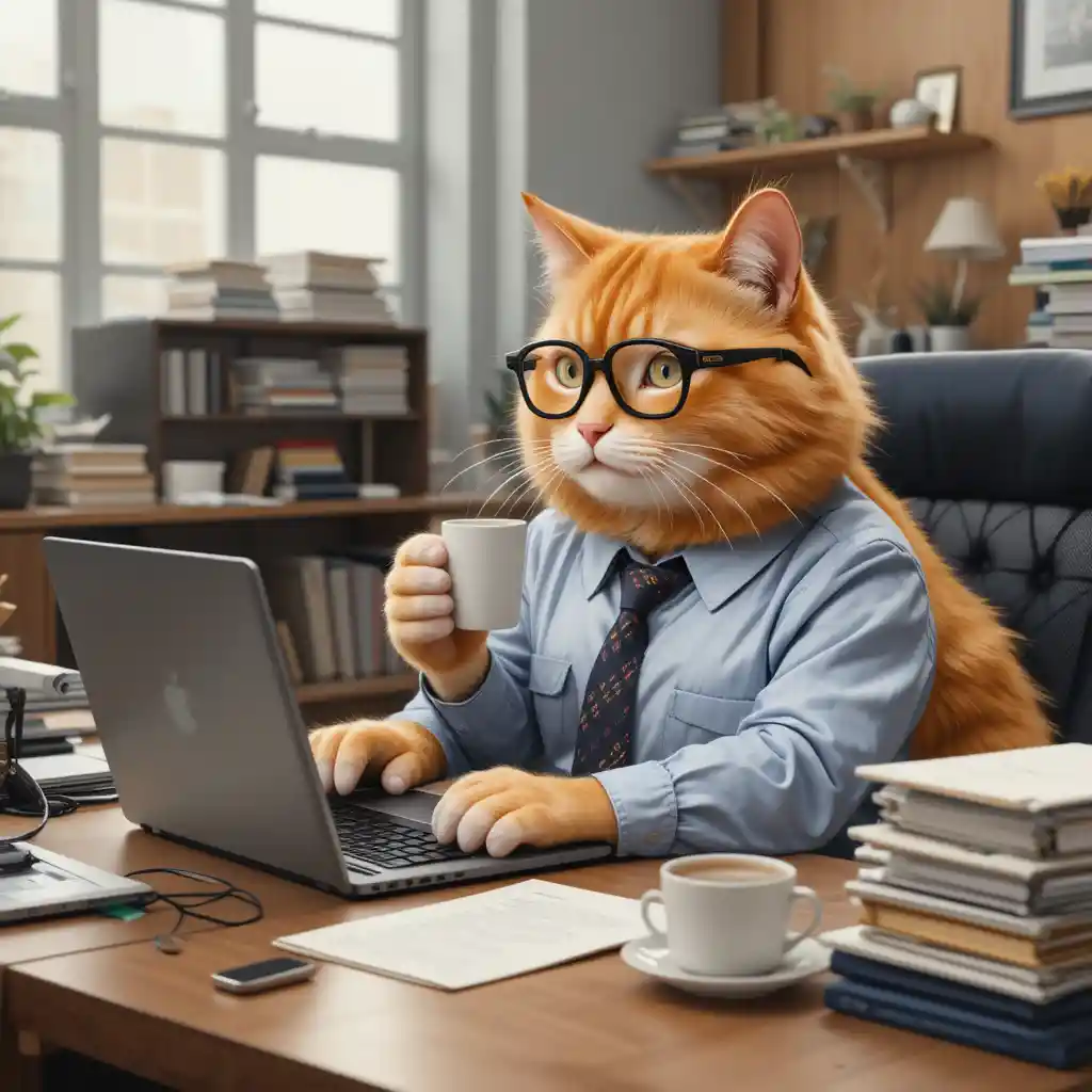 Ginger office cat in glasses typing on a laptop