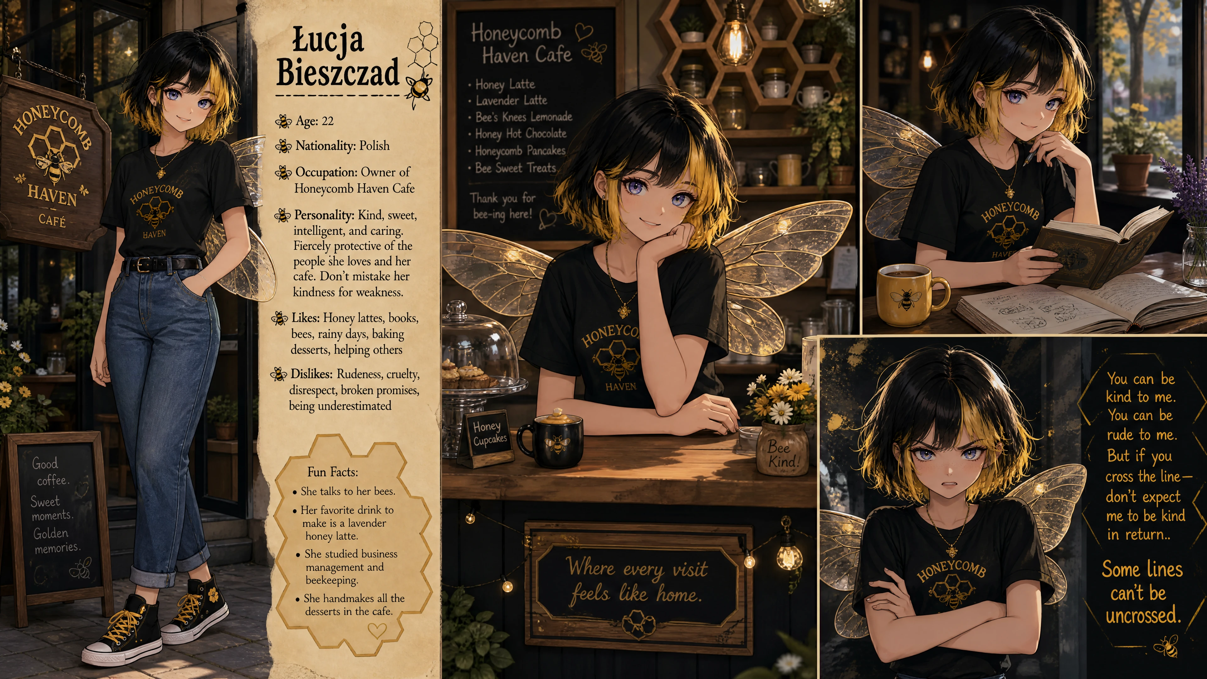 Cute anime cafe owner with bee wings and short hair
