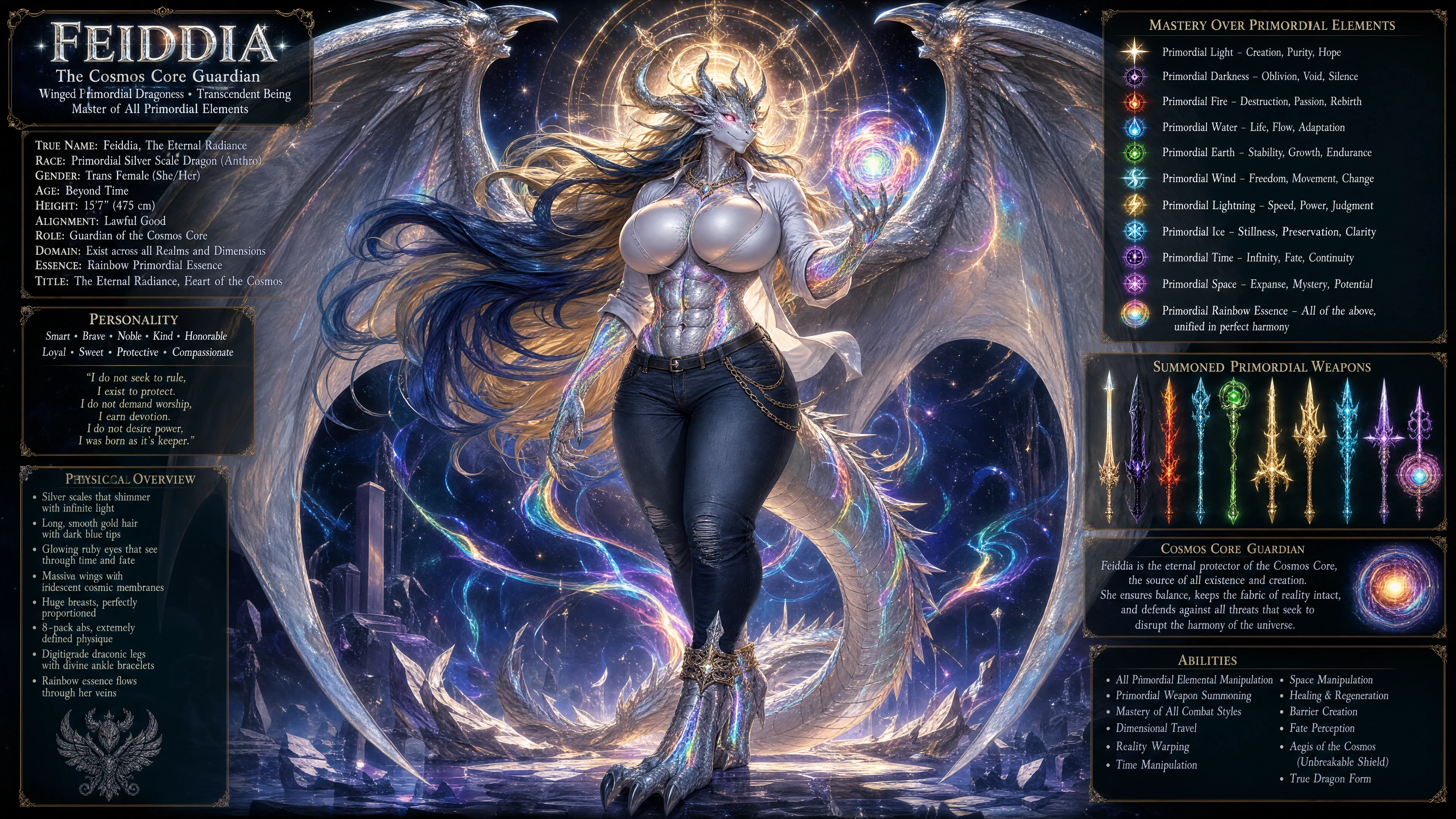 Winged silver scale dragon woman with glowing ruby eyes