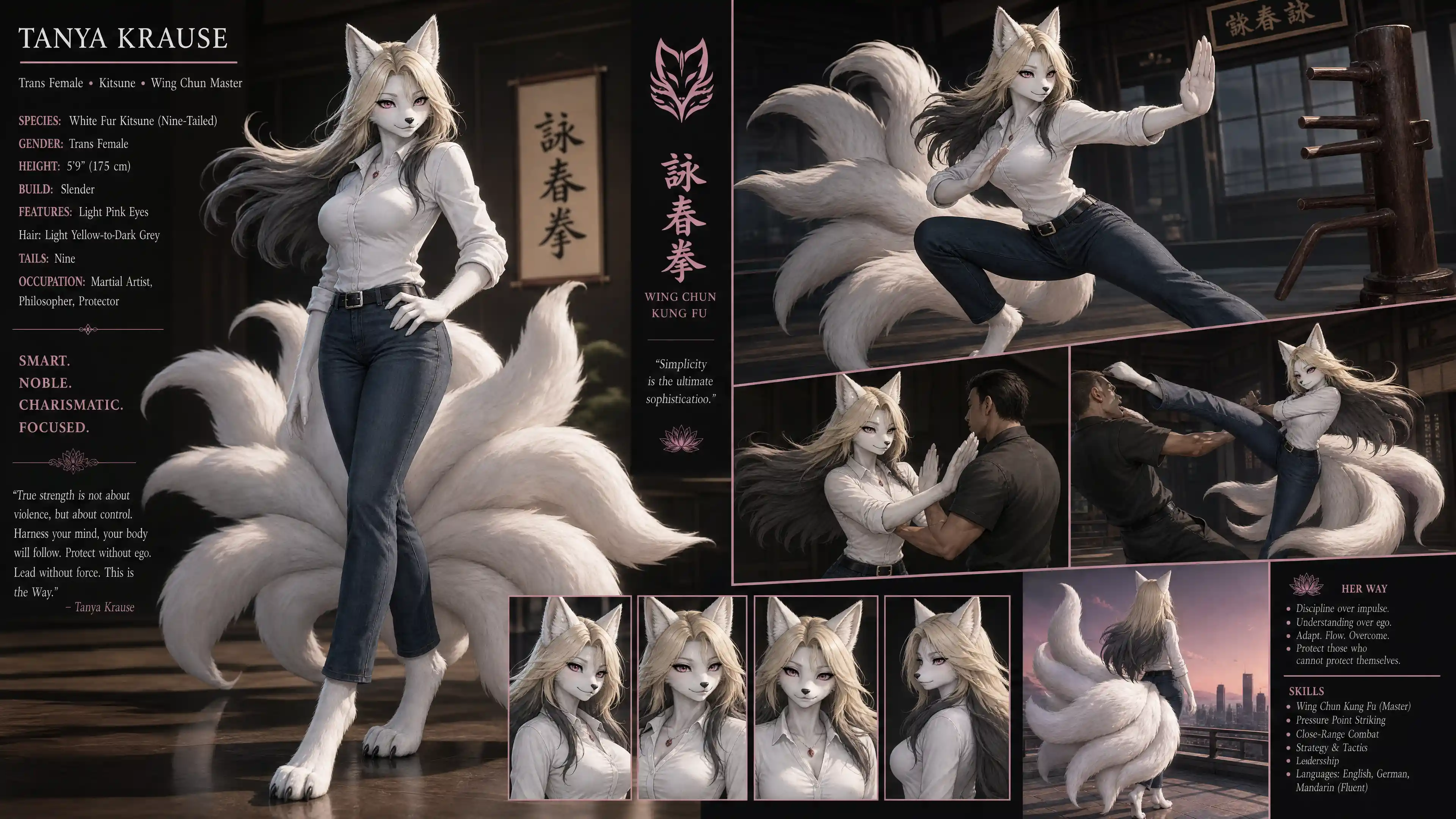 Elegant white fur kitsune woman in casual clothes