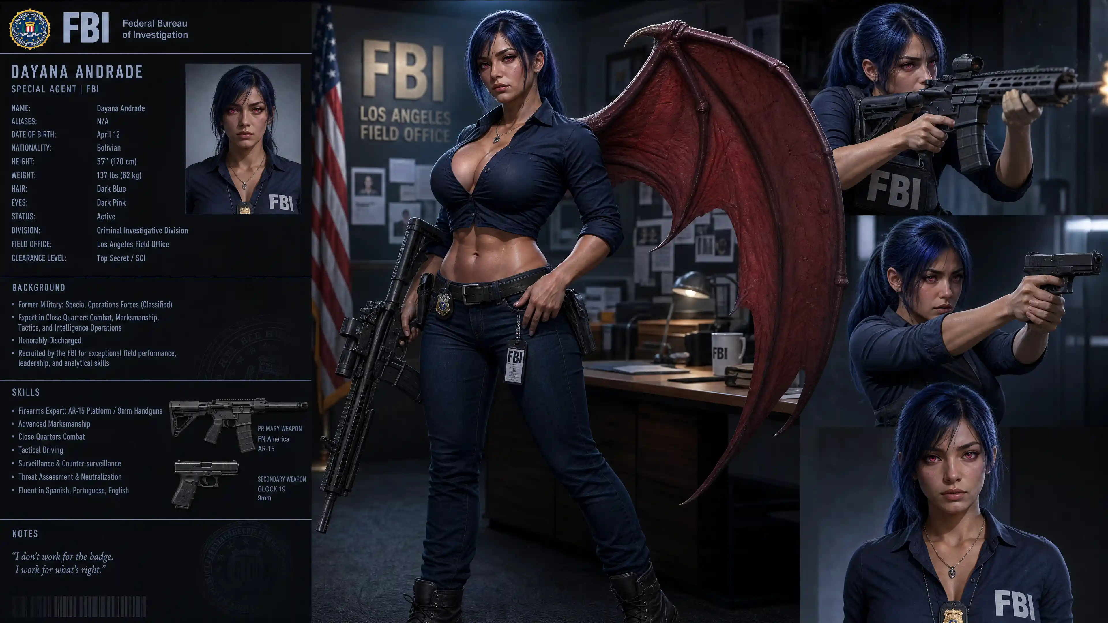 Armed dragon winged woman with dark blue hair and jeans