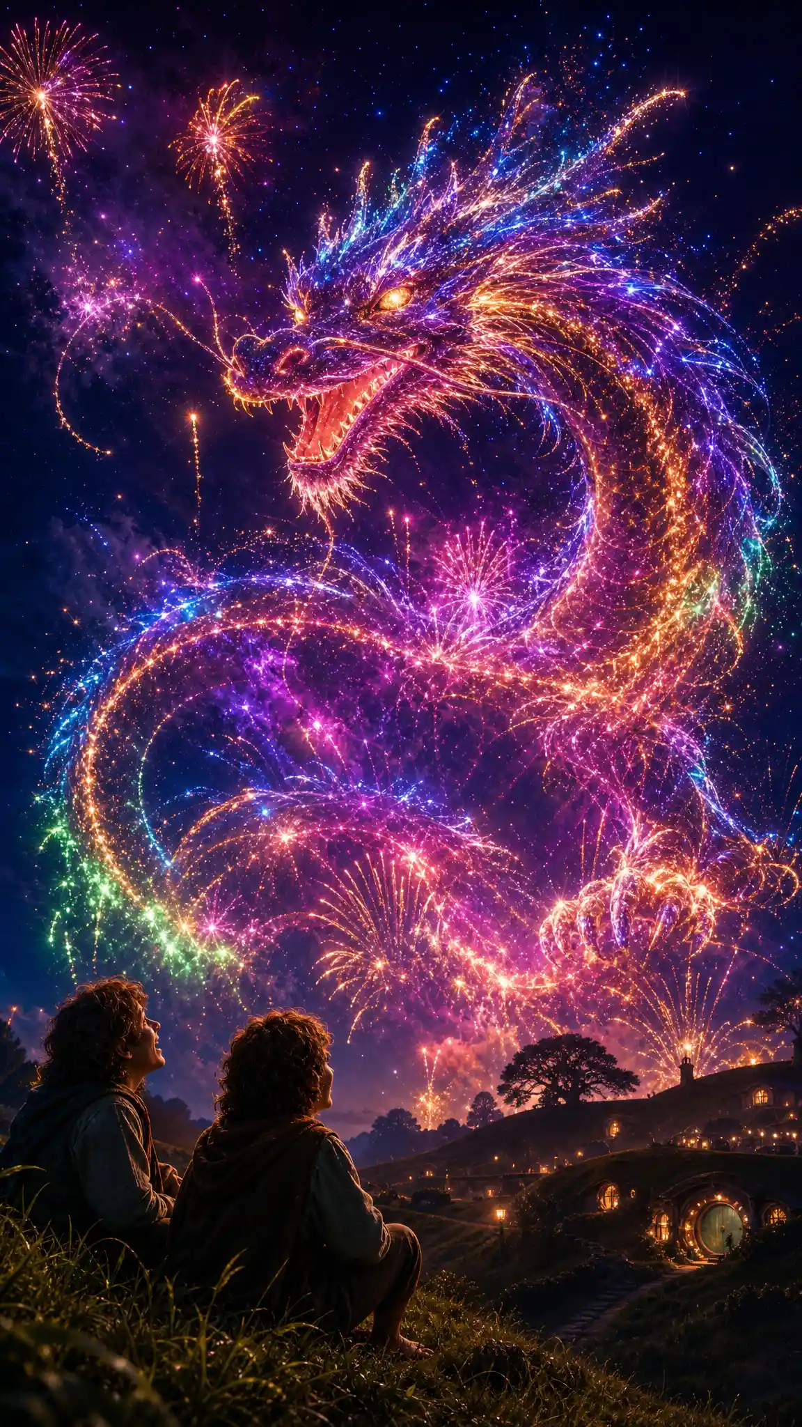 Drago di fuochi d’artificio sopra Hobbiville con due hobbit che osservano