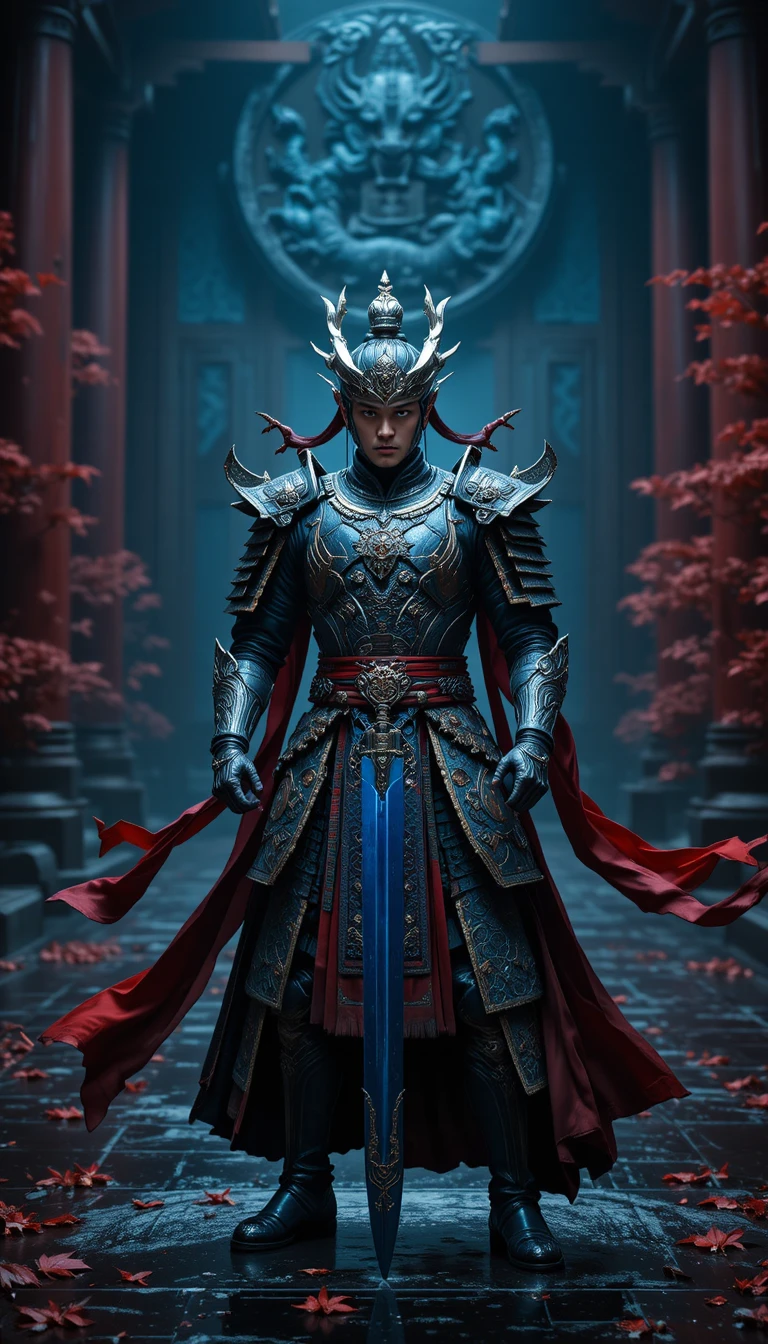 Regal warrior in ornate armor inside grand temple hall