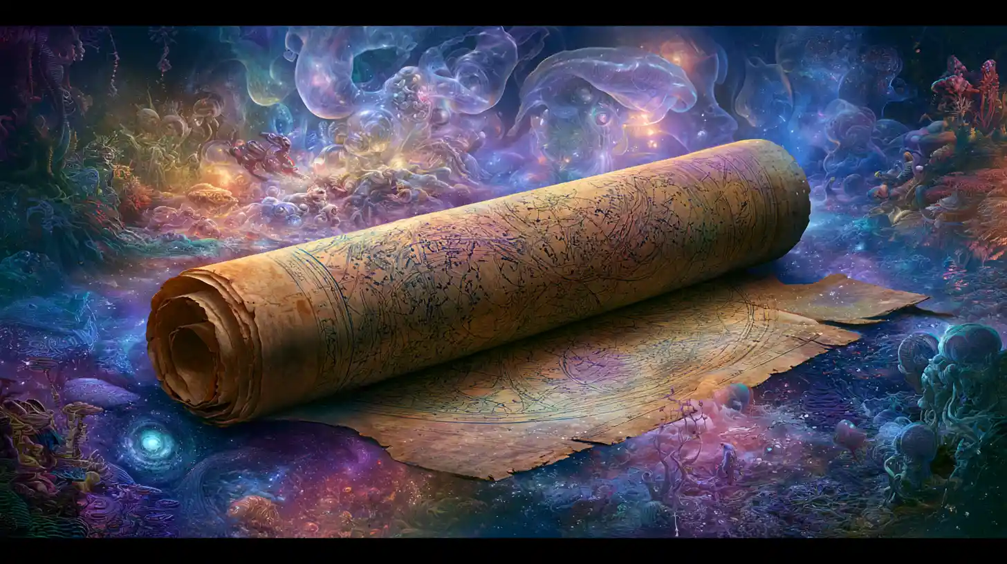 Ancient star chart unfolding into a surreal mystical landscape