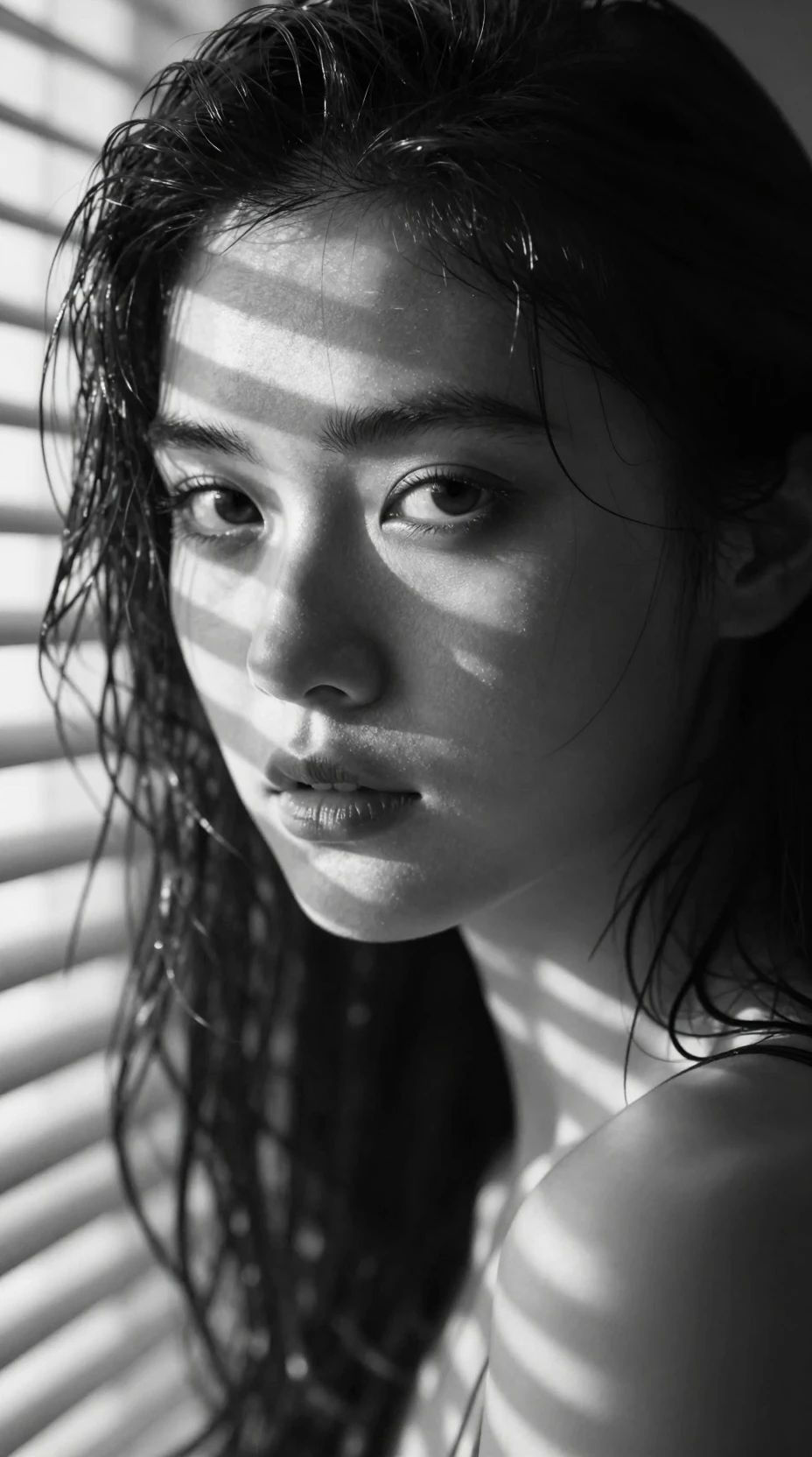 Retrato en blanco y negro en primer plano de una mujer contemplativa