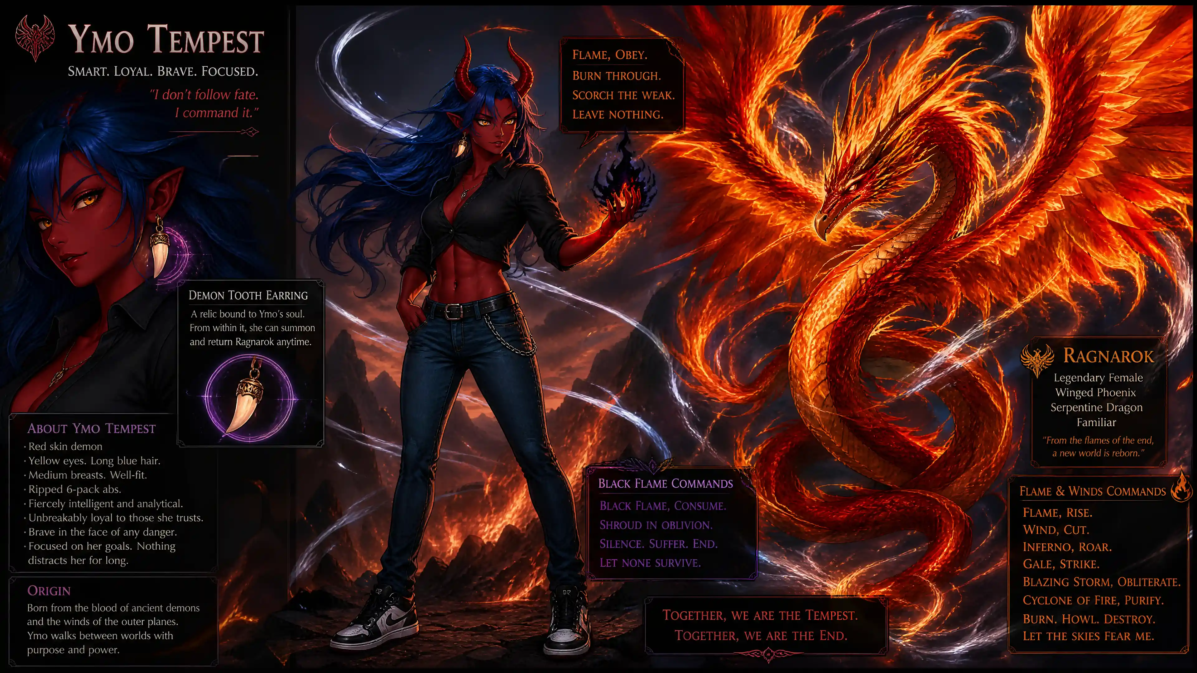 Red skinned demon woman with blue hair and phoenix dragon